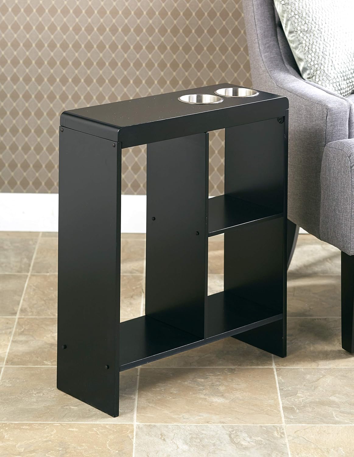 Slim End Table with Drink Holders and Built-in Shelving - Black Pack of 2