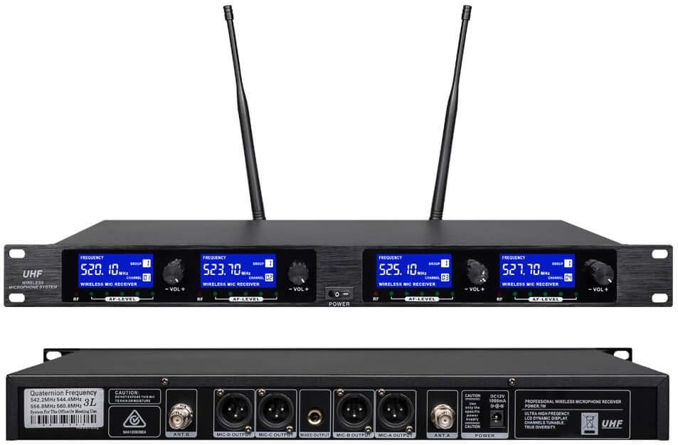Pro UHF 4 Channel Wireless Microphone System 2 Handheld Whole Metal Mic 2 Headset & 2 Lapel Mic 2 Bodypacks with New FCC Frequency for Party Wedding Meetiing Church Conference School