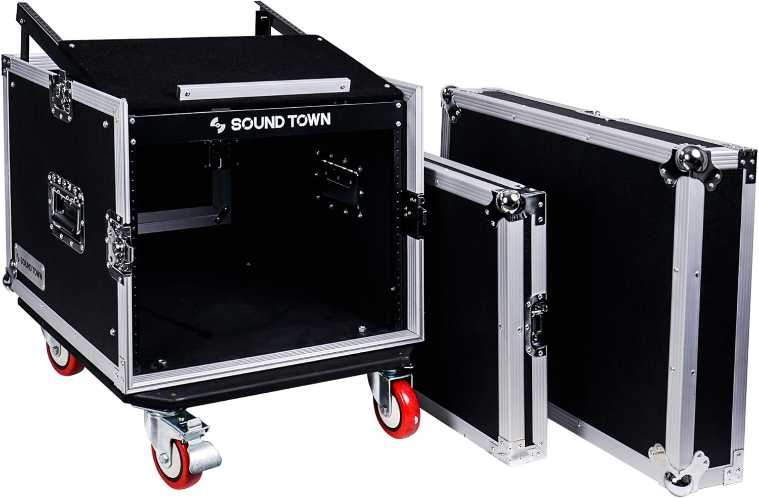 Sound Town 8U PA DJ Pro Audio Rack/Road ATA Case with 13U Slant Mixer Top, 23.5’’ Rackable Depth and Casters, 8 Space Size, Pro Tour Grade (STMR-8UW)