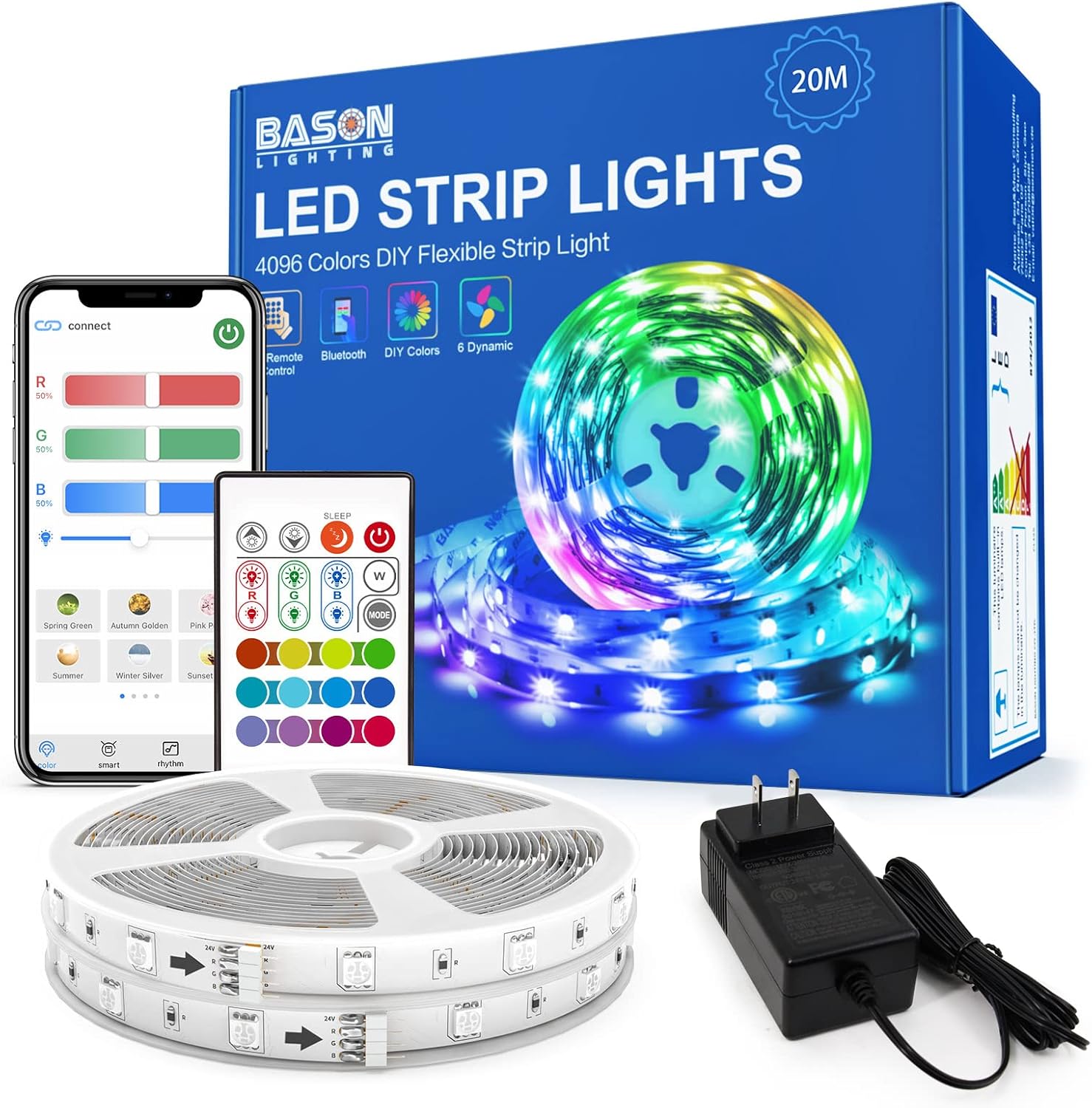 BASON LIGHTING 65.6ft LED Strip Lights, Bluetooth App Control and Remote Control Color Changing Light Strip, SMD 5050 RGB LED Lights for Bedroom, Millions DIY Colors Music Sync for Bar, Party, Room Pack of 2