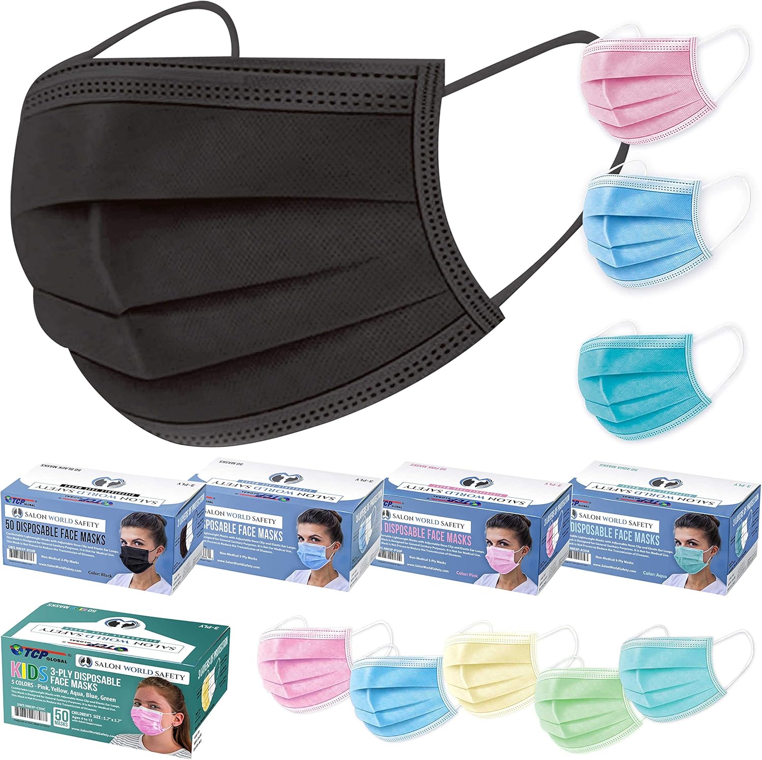 TCP Global Salon World Safety - Aqua Face Masks 10 Boxes (500 Masks) Breathable Disposable 3-Ply Protective PPE with Nose Clip and Ear Loops