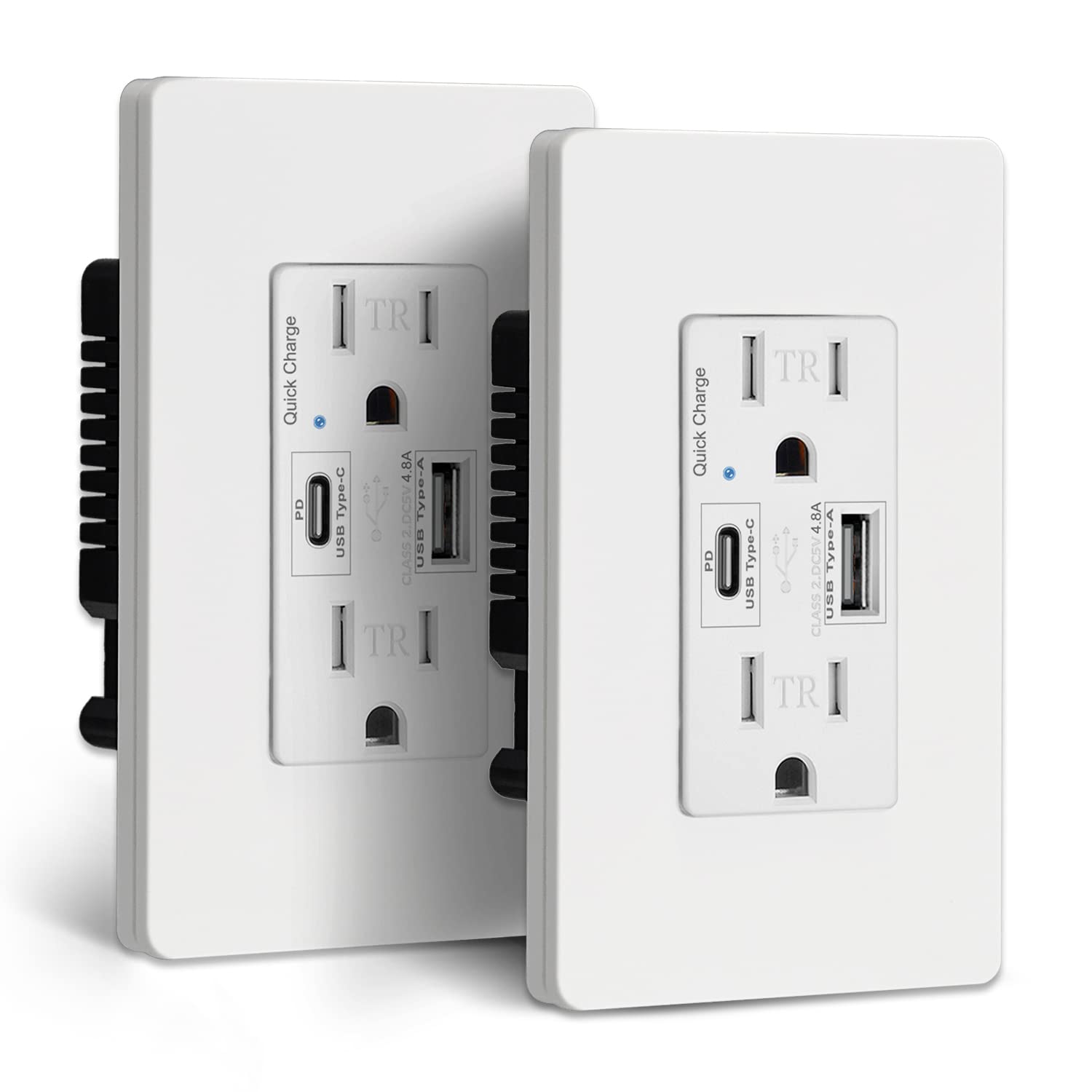 (2 Pack) CML 15 Amp USB C Quick Charge Receptacle Outlet, PD 3.0 and QC 3.0, 5V/9V/12V Max 24W, 15A Tamper Resistant Plug, Decor Screwless Wallplate Included, UL Listed