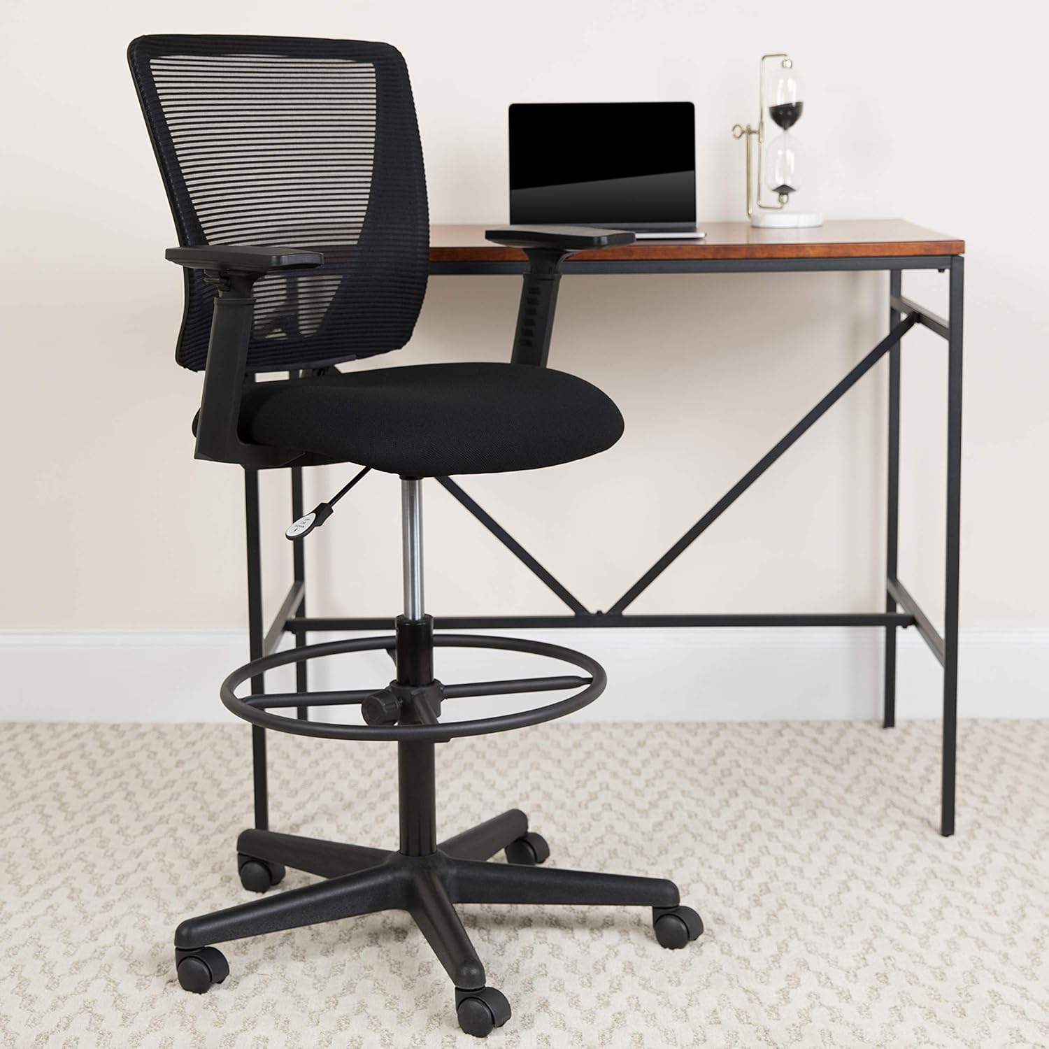 Flash Furniture Ergonomic Mid-Back Mesh Drafting Chair with Black Fabric Seat and Adjustable Foot Ring
