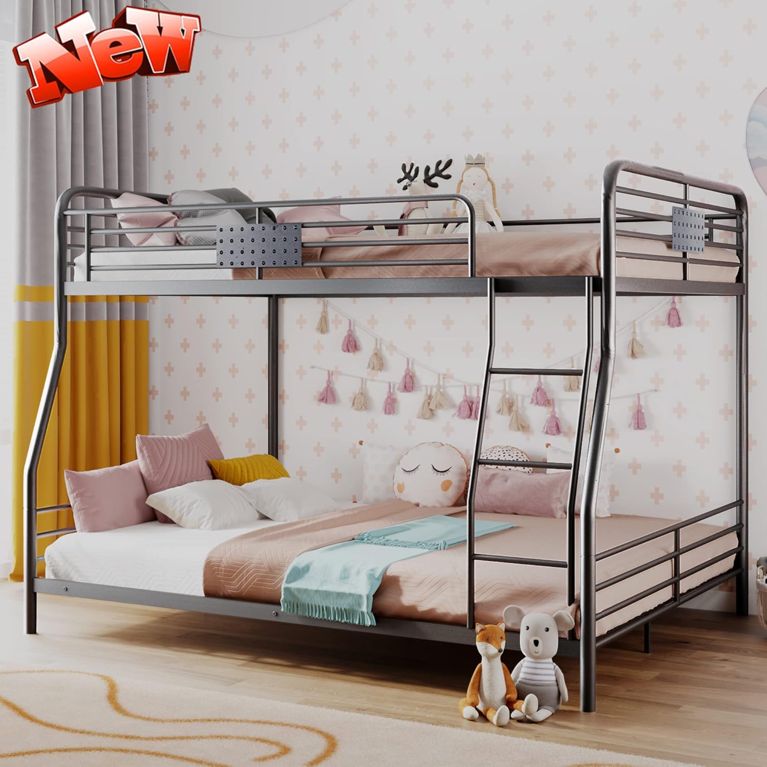 DANGRUUT Upgraded Version Thick Metal Full XL Over Queen Bunk Beds, Best Contemporary Bunk Bed Sturdy Steel Bed Frame with Ladder and Safety Rails, Convertible to 2 beds for Kids, Adults (Black)