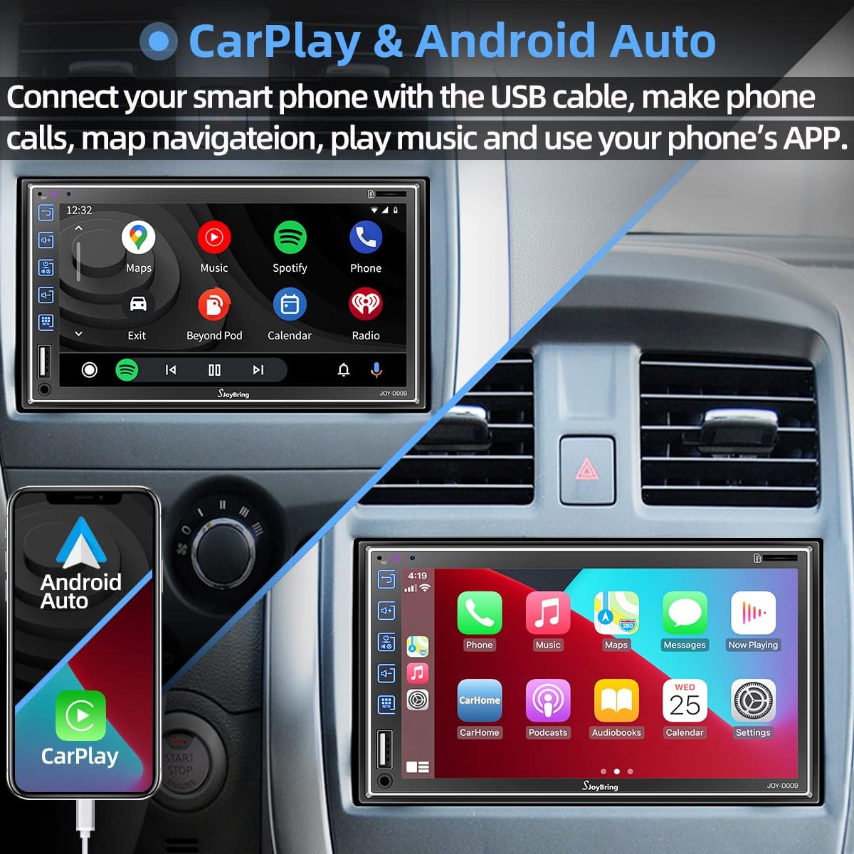 Double Din Car Stereo with Voice Control Carplay and Android Auto, 7 Inch Full Touch HD Capacitive Screen, Car Radio with Bluetooth 5.1, Mirror Link, Front/Rear Camera, Steering Wheel Control, AM/FM