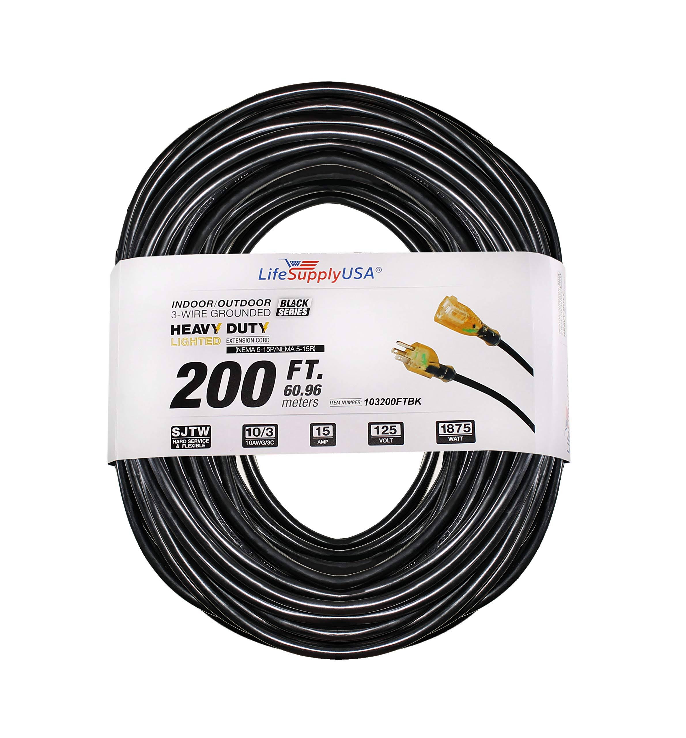 LifeSupplyUSA 200 ft. 10/3 SJTW 15 Amp 125-Volt 1875-Watt Lighted End Indoor/Outdoor Black Heavy-Duty Extension Cord
