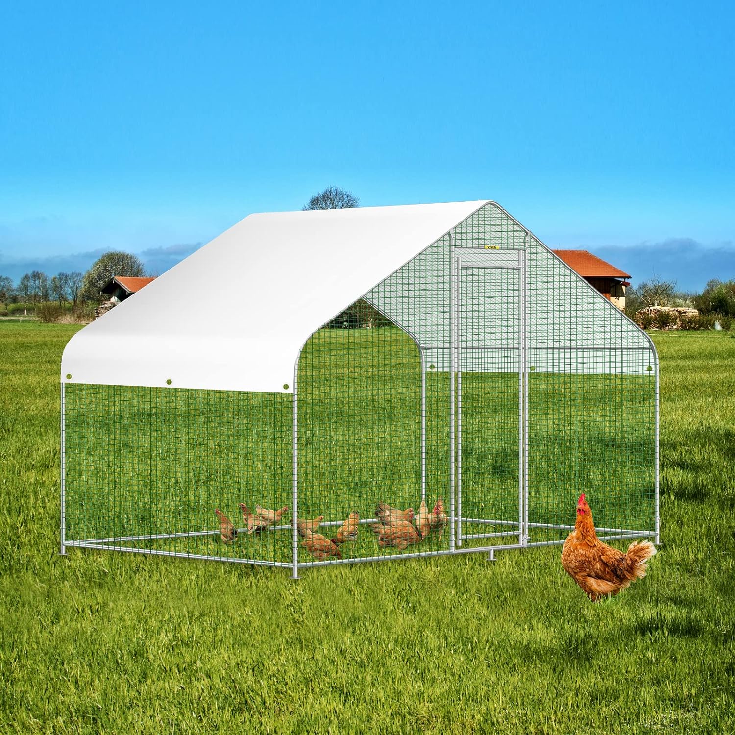 VEVOR Large Metal Chicken Coop with Run, Walk-in Chicken Run for Yard with Waterproof Cover, Spire Outdoor Poultry Cage Hen House, 6.5x9.8x6.5ft Large Space for Chicken, Duck Coops and Rabbit Runs