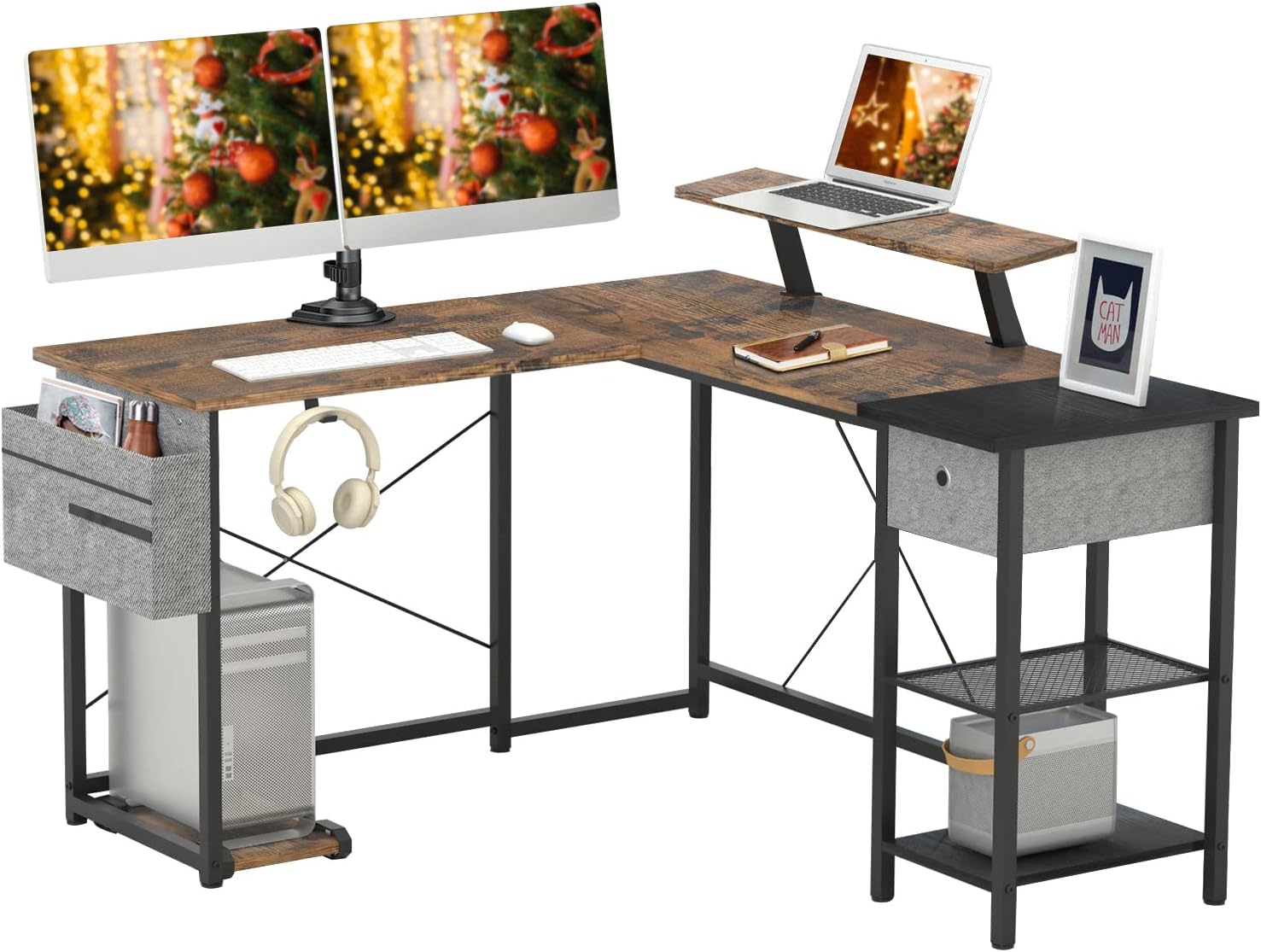 SUAYLLA L Shaped Desk, Multifunctional Computer Gaming Desk with Storage and Desktop Hook, L Shape Corner Reversible Industrial Table with Shelves Home Office Study Writing Workstation, Black