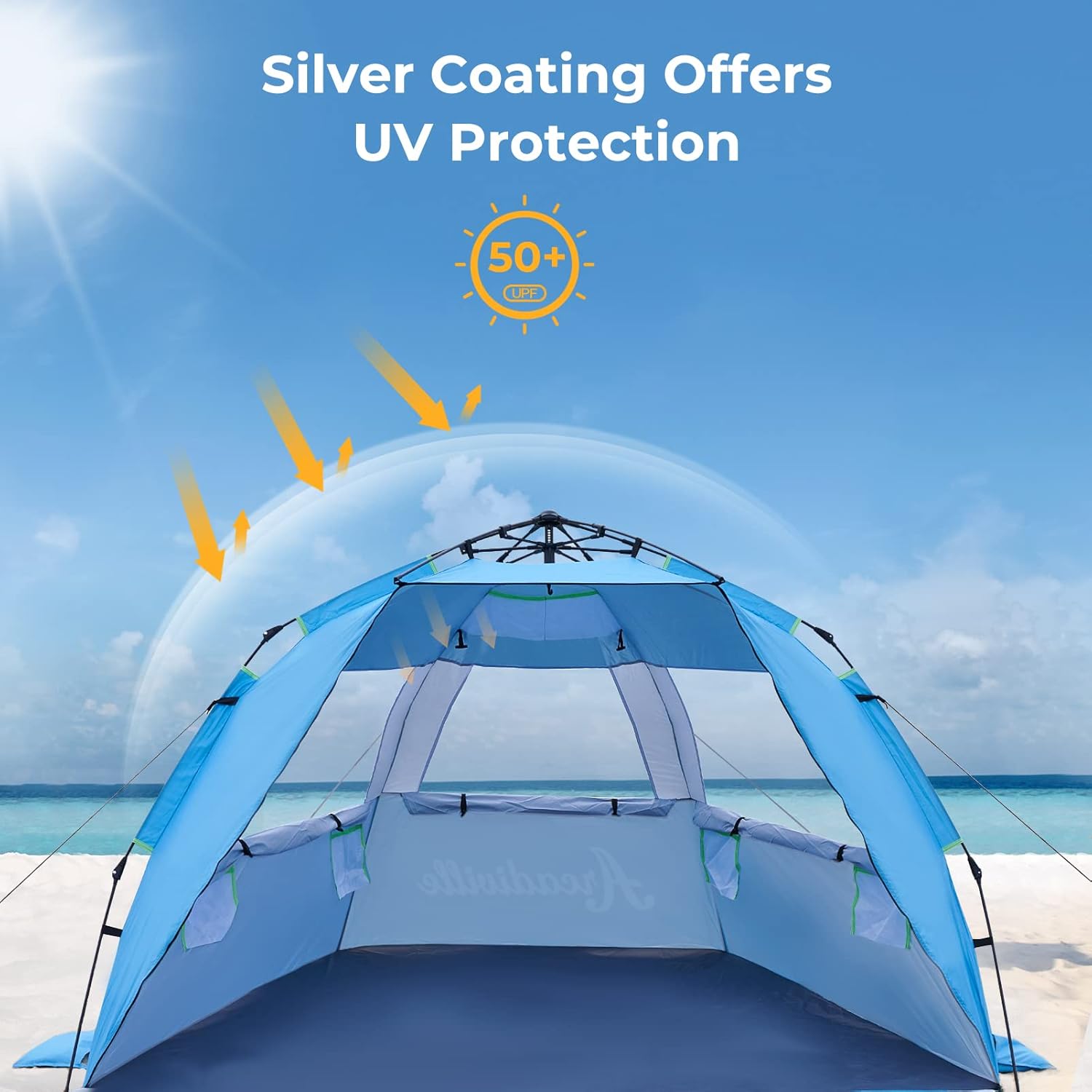 ArcadiVille Pop up Beach Tent, Anti-UV Sun Shelter 4 Person Tent for Beach UPF 50+, Portable Lightweight Beach Shade Canopy Sun Tent w/ Extended Floor, Guylines & Stakes, 3 Ventilated Windows (Blue)