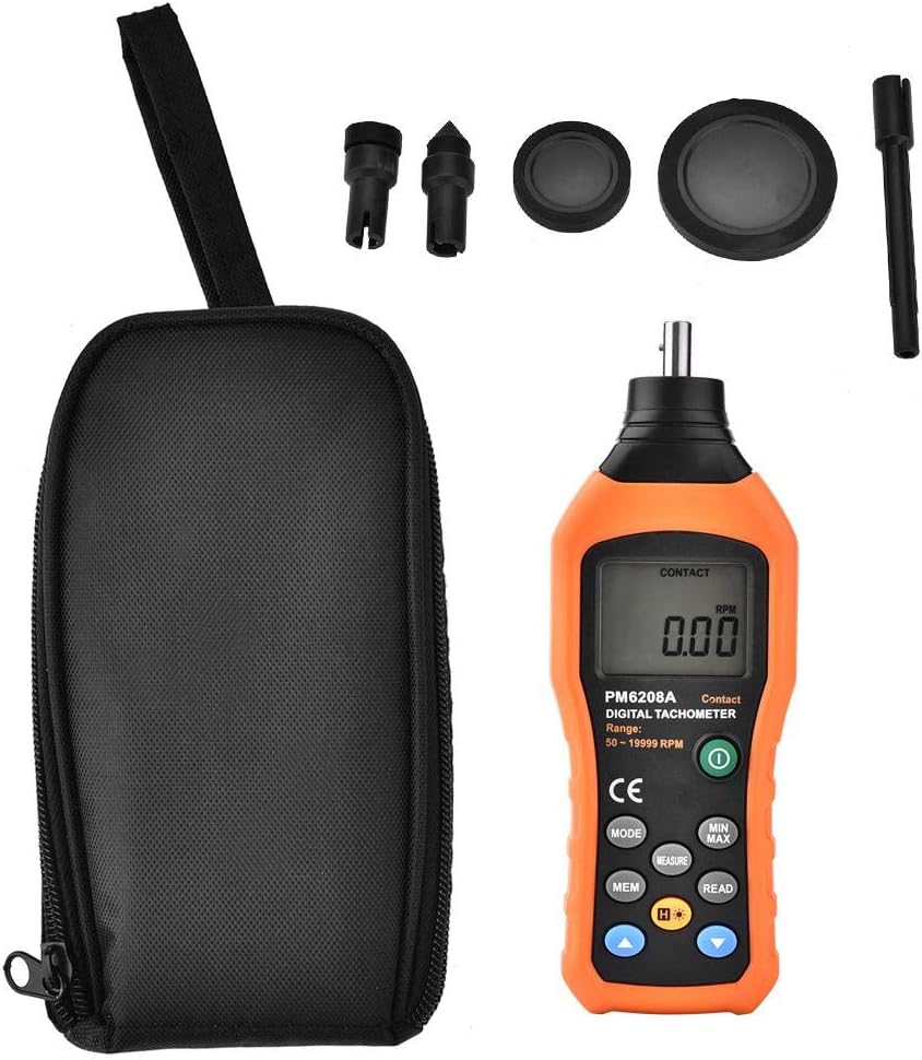 Digital Tachometer Motor Tachometer Gauge PEAKMETER PM6208A Contact-Type Tachometer RPM Motor Speed Gauge Tester Meter Data Hold Display Back Light 50-19999RPM