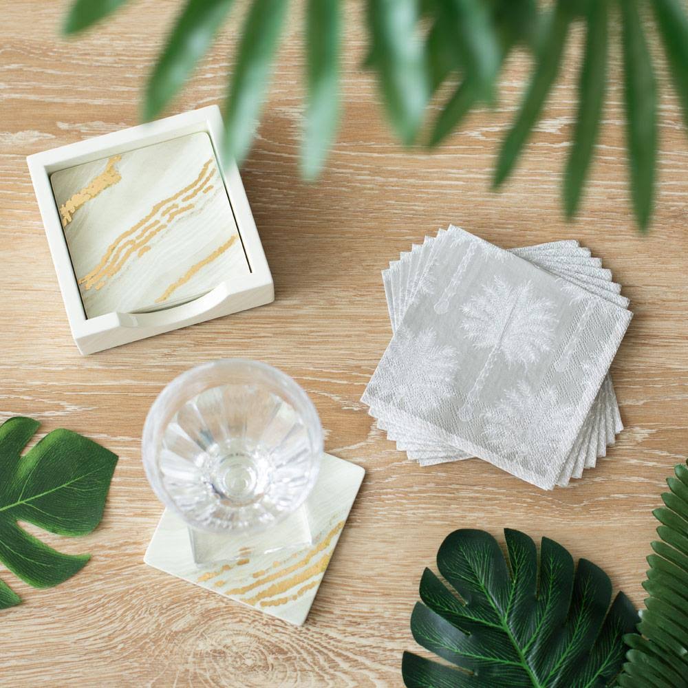 Marble Moonlight Square Lacquer Coasters in Holder - Set of 4