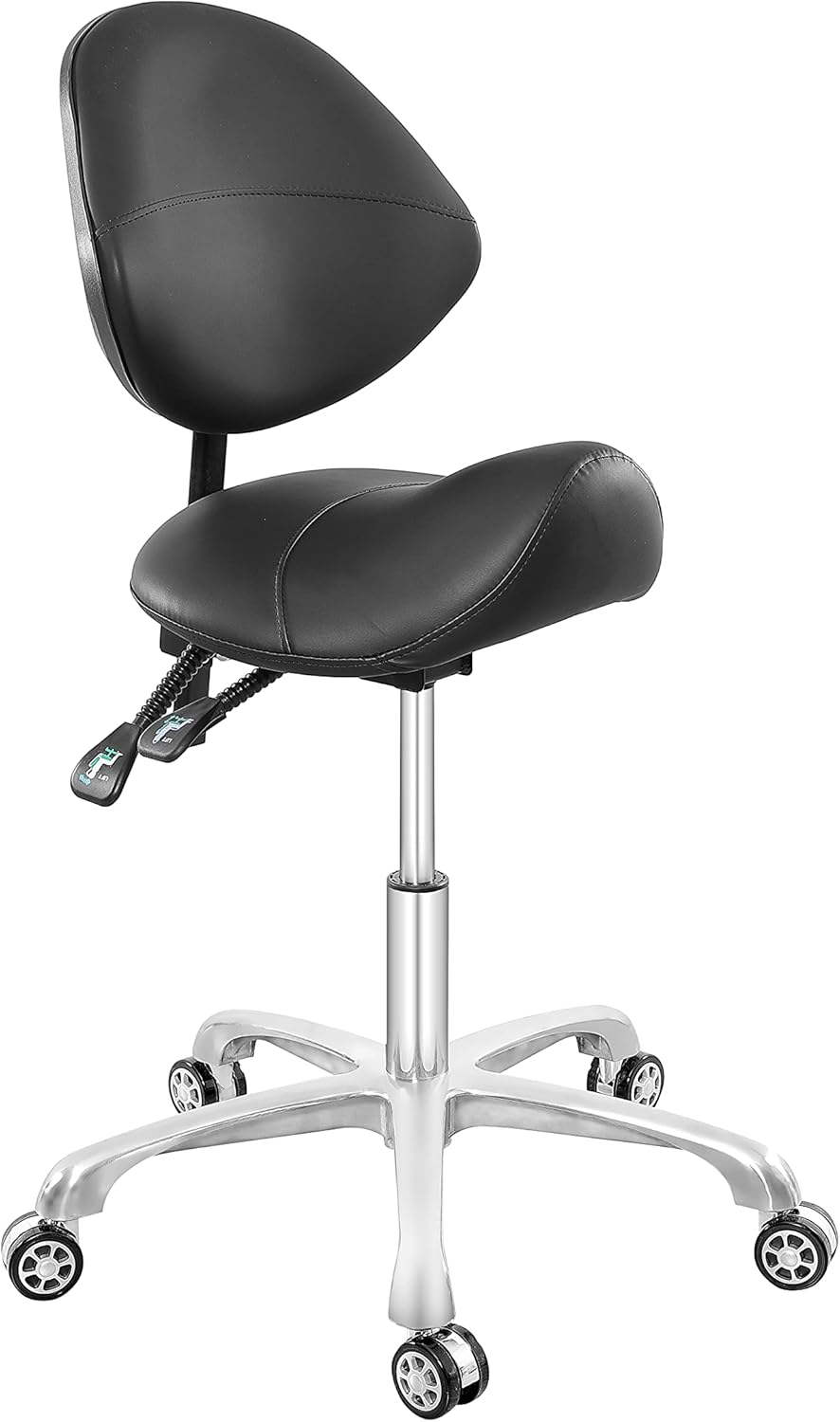 Senkelly Saddle Rolling&nbsp;Stool with Wheels, Adjustable&nbsp;Workbench&nbsp;Stool&nbsp;with Backrest, Swivel Stool Chair for Pedicure&nbsp;Work&nbsp;Office Kitchen-Ergonomic(Black, with Backrest)