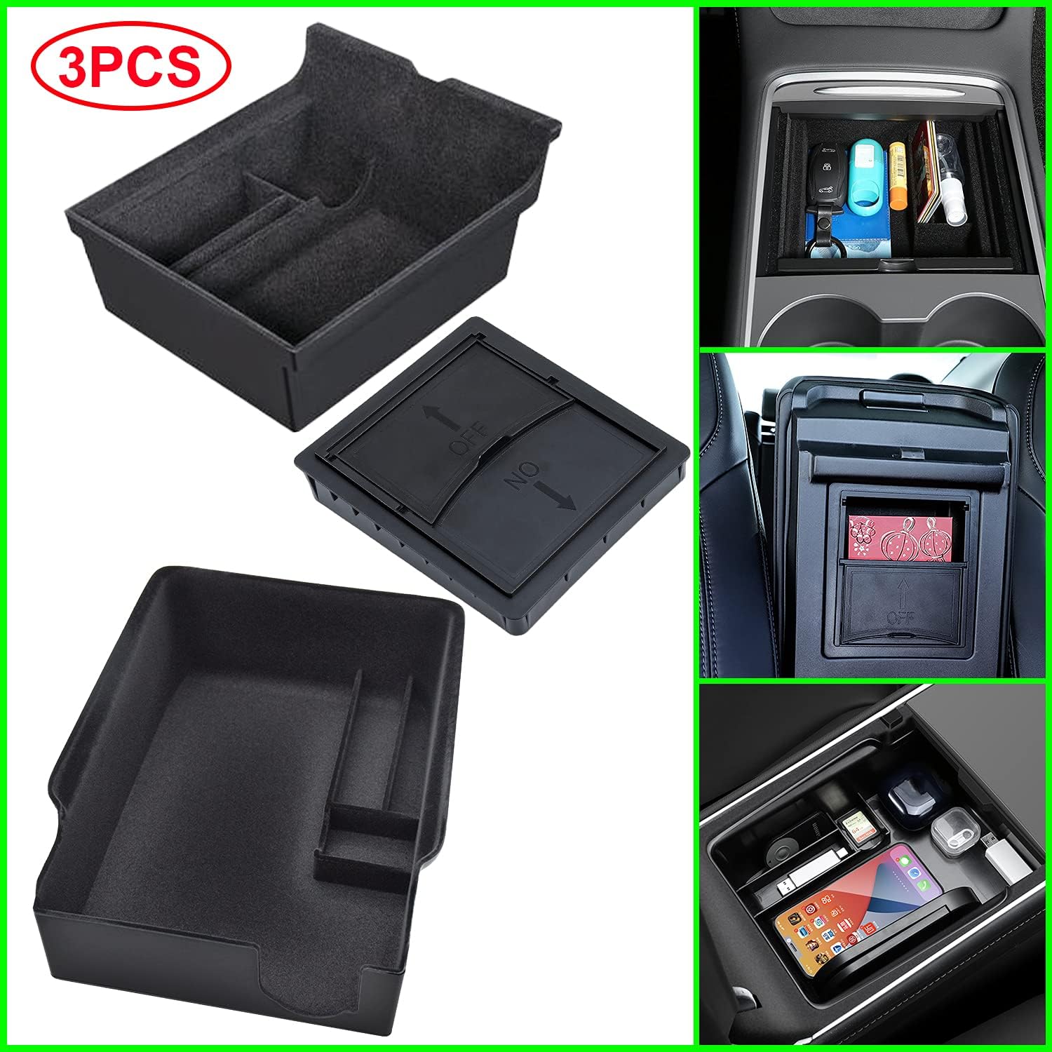 Center Console Organizer Tray 3PCS For 2021 Tesla Model 3 Model Y Interior Accessories Flocked Center Console Organizer With Armrest Hidden Cubby Drawer Storage Box ABS Material Custom Fit Upgrade Pack of 2