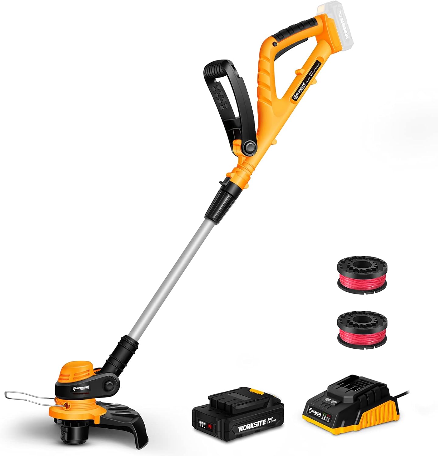 WORKSITE Grass Trimmer, 20V Cordless String Trimmer & Edger, Weed Wacker with 2.0A Battery, 1 Hour Fast Charger and 2 Extra Line String Trimmer Spool
