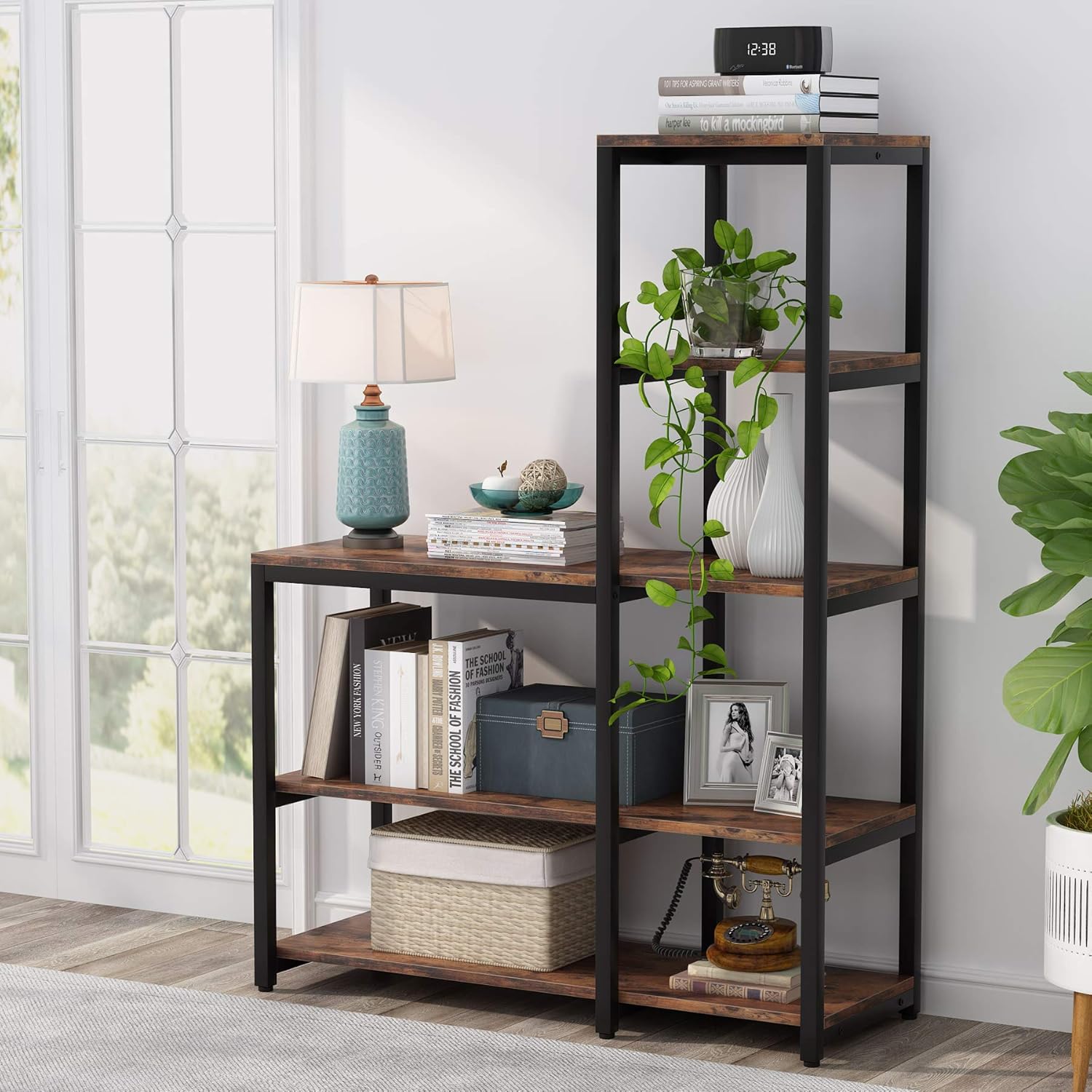 Tribesigns 5-Tier Bookshelf, Ladder Corner Bookshelves Etagere Bookcase, 8 Shelves Display Rack Storage Shelf for Living Room Home Office (Brown)