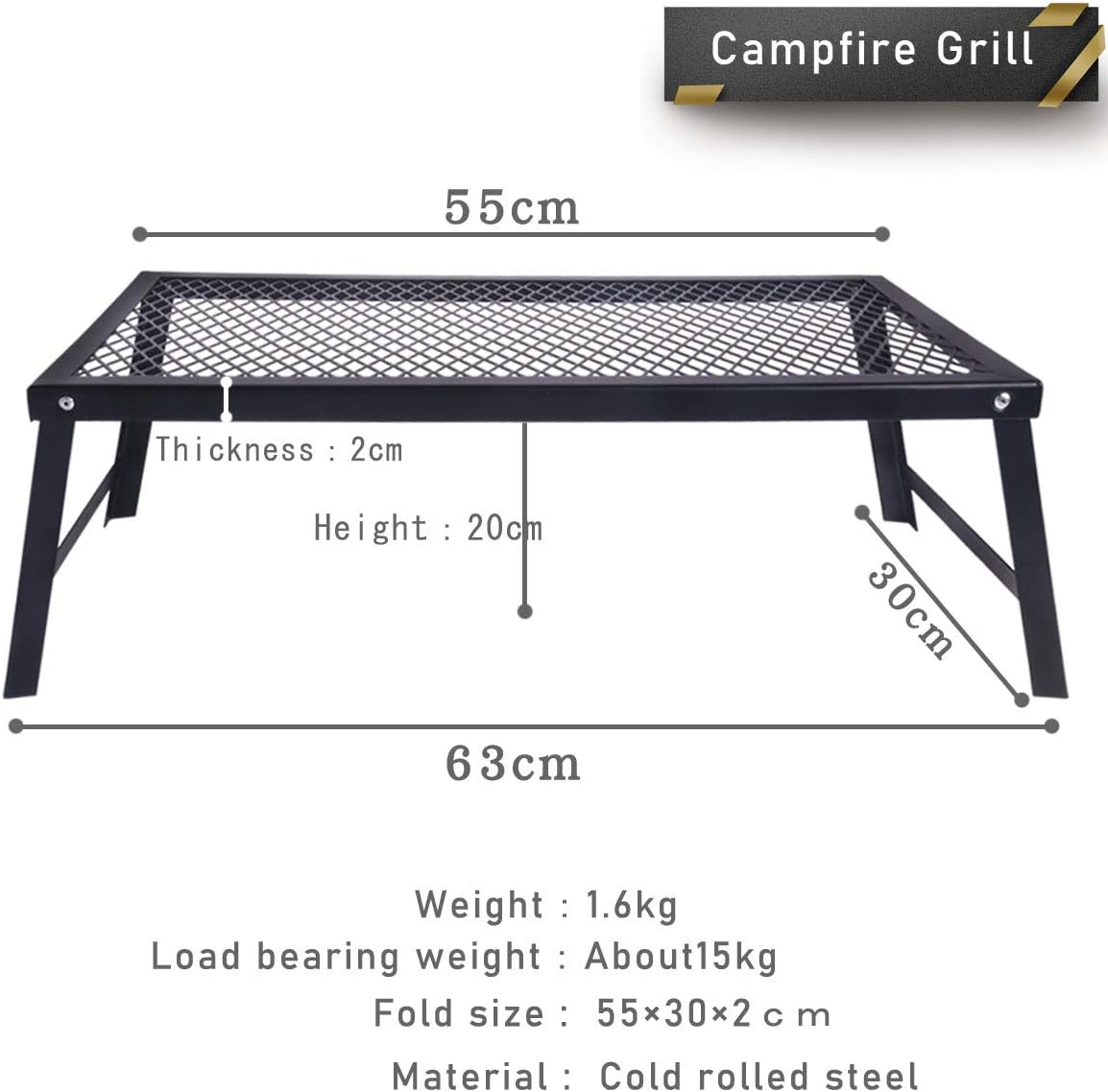 Hikeman Folding Campfire Grill Heavy Duty Camping Cooking Grate Over Fire Pit,Portable Outdoor Camp Grill Rack for Picnic BBQ Frying (55cm x 30cm)