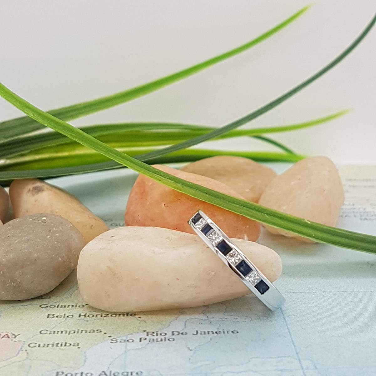 Dazzlingrock Collection 10K Princess Cut White Diamond & Blue Sapphire Ladies Anniversary Wedding Band Stackable Ring, White Gold