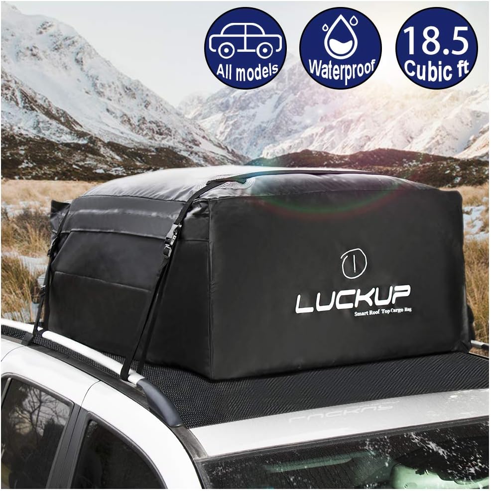 LUCKUP Roof Rack Car Cargo Carrier Bag Rooftop Box Waterproof &Durable with Anti-Slip Mat Heavy Duty Wide Straps and Buckles, Compatible for All Car Models (18.5 Cubic Ft-Black)