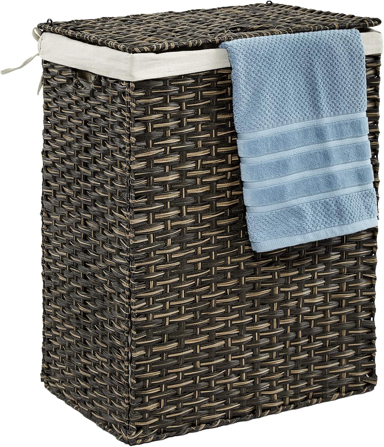 Seville Classics Handwoven Oval Double Lidded Removable Canvas Liner Laundry Sorter Hamper Bin, Mocha Brown Pack of 2