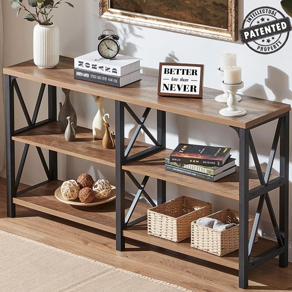 IBF Rustic Console Table, Industrial Wood and Metal Sofa Table, Hallway Entry Table for Home Living Room, Barnwood Foyer Accent Entryway Table with Retro Vintage Storage Shelf, 55 Inch