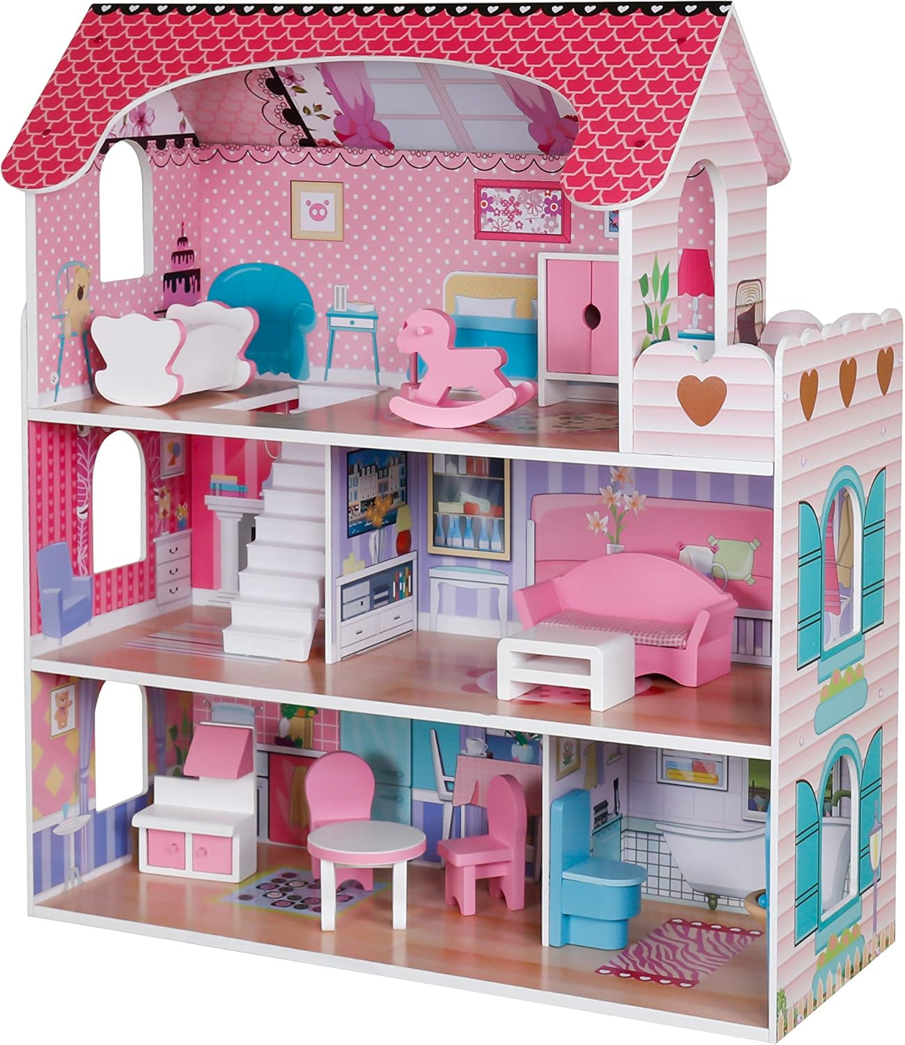 Pidoko Kids Wooden Dollhouse - Includes 12 Pcs Furniture Accessories
