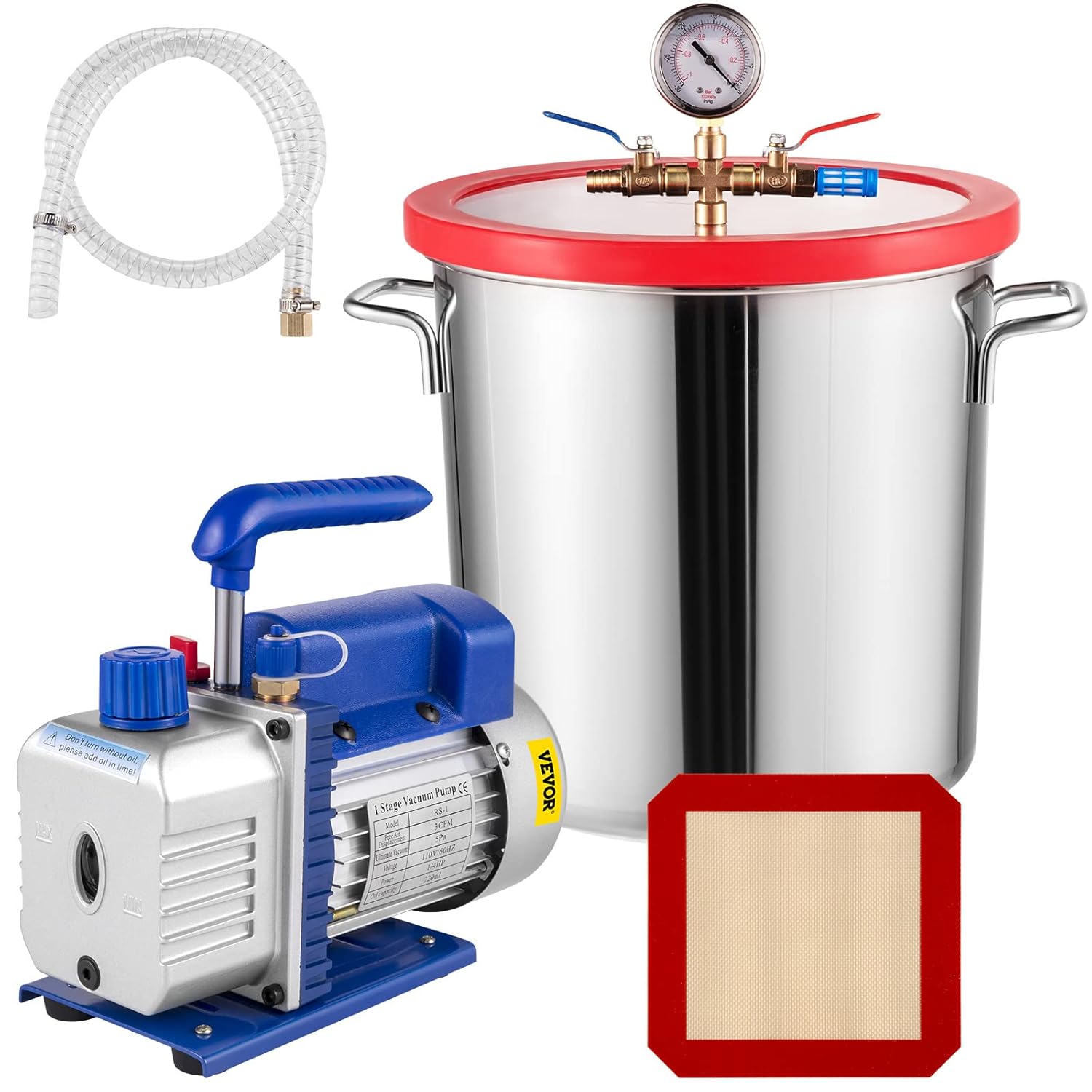 VEVOR Vacuum Chamber with Pump 3CFM 1/4HP Single Stage Vacuum Pump with High-Capacity 5 Gallon Vacuum Chamber, Vacuum Pump Chamber Kit Vacuum Degassing Chamber Kit for Air Conditioning Systems