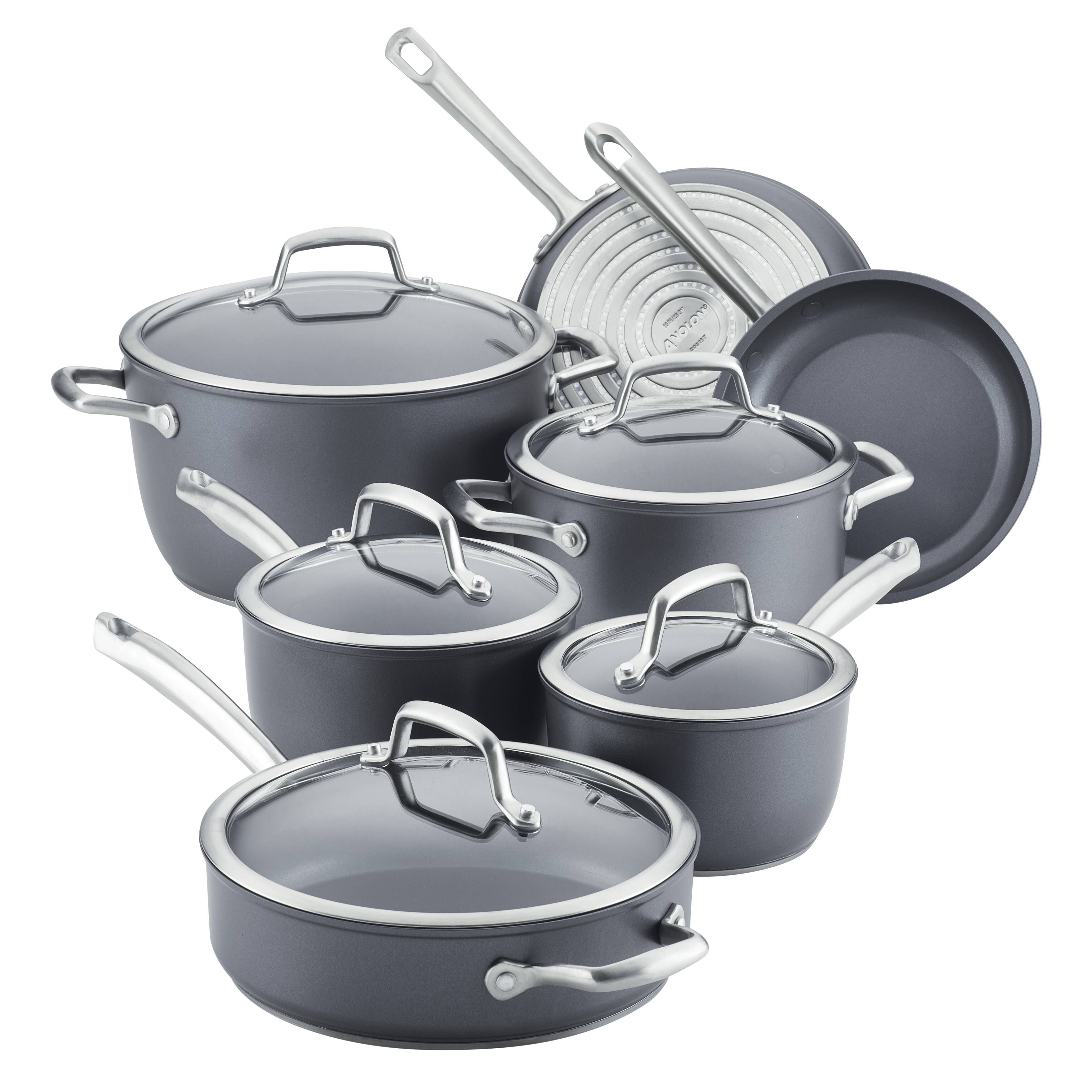 Anolon 81133 Accolade Hard-Anodized Precision Forge Cookware Set with Glass Lids, 12-Piece Pot and Pan Set, Moonstone