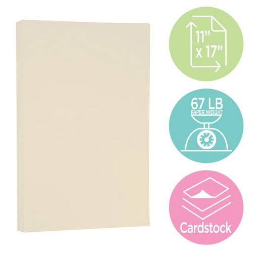 Jam Paper Vellum Bristol Tabloid Cardstock, 11 x 17, 67 lb. Ivory, 50/Pack (16932837)