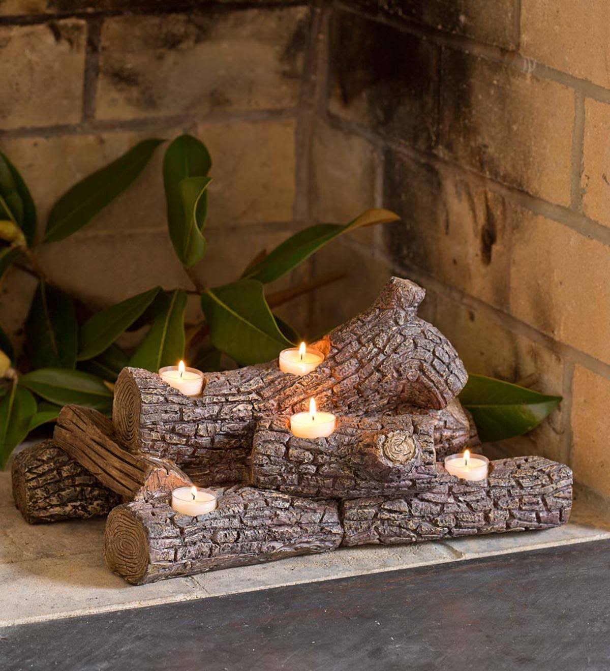 Plow u0026 Hearth - Elegant Logs Fireplace / Hearth Candle Holder, Oak