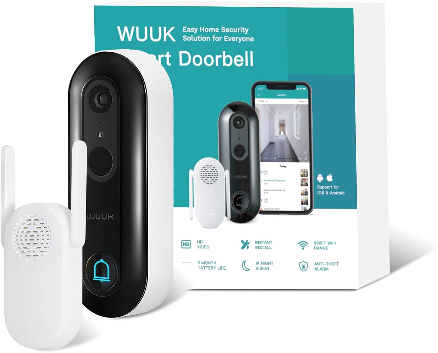 WUUK Smart Video Doorbell Camera wi-fi with Motion Detector, Battery-Powered, 1080p Door Camera Wireless, No Monthly Fee, Easy Installation, SDcard/Cloud Storage, Alexa Compatible (Black)