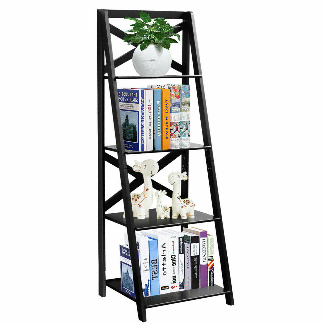 Costway 4-Tier Ladder Shelf Bookshelf Bookcase Storage Display Leaning Home Office Decor Black