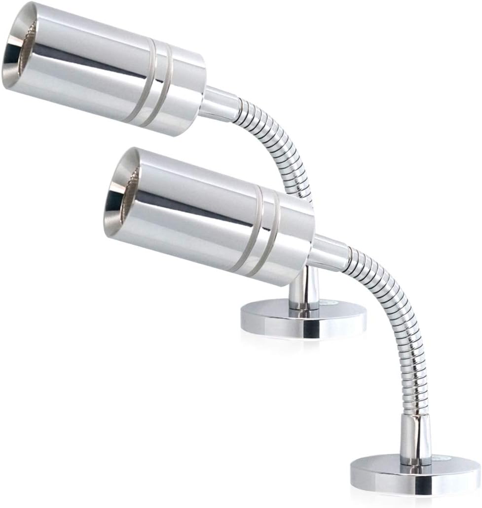 1.4W Flexible Short Gooseneck RV 12V Reading Lamp - Dual Lighting Mode, Polished Chrome Touch Dimmer Switch, Hard-Wired, 2800-3200k, Surface Mount on Caravan, Boat, Yacht, Spot Light, 2 Pack