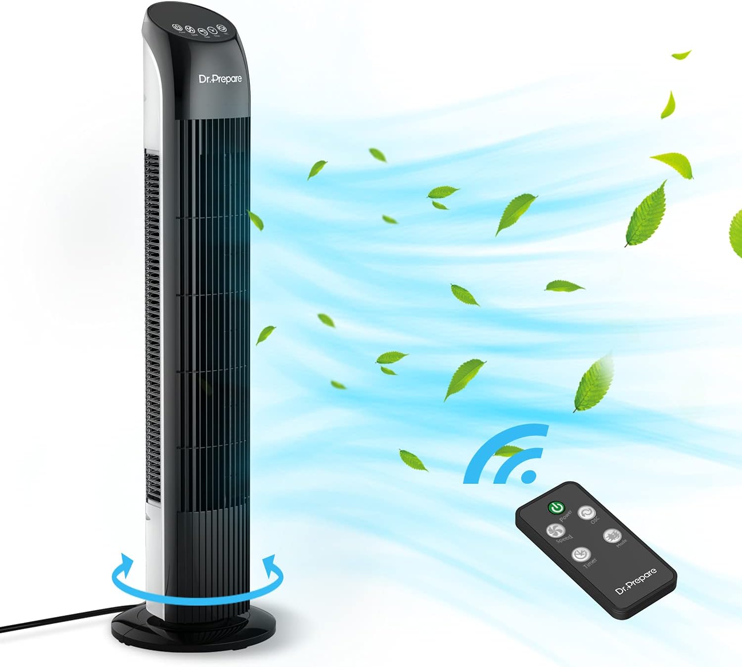 Dr. Prepare 33 Inch Oscillating Tower Fan with Remote, 70° Oscillating Fan, 3 Speeds and Wind Modes, Quiet Cooling, 12H Timer, Portable Bladeless Standing Fan for Bedroom Home Office Pack of 2