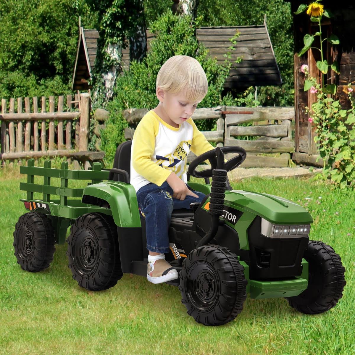 Tobbi 12V Electric Kids Ride-On Tractor with Trailer, Dark Green