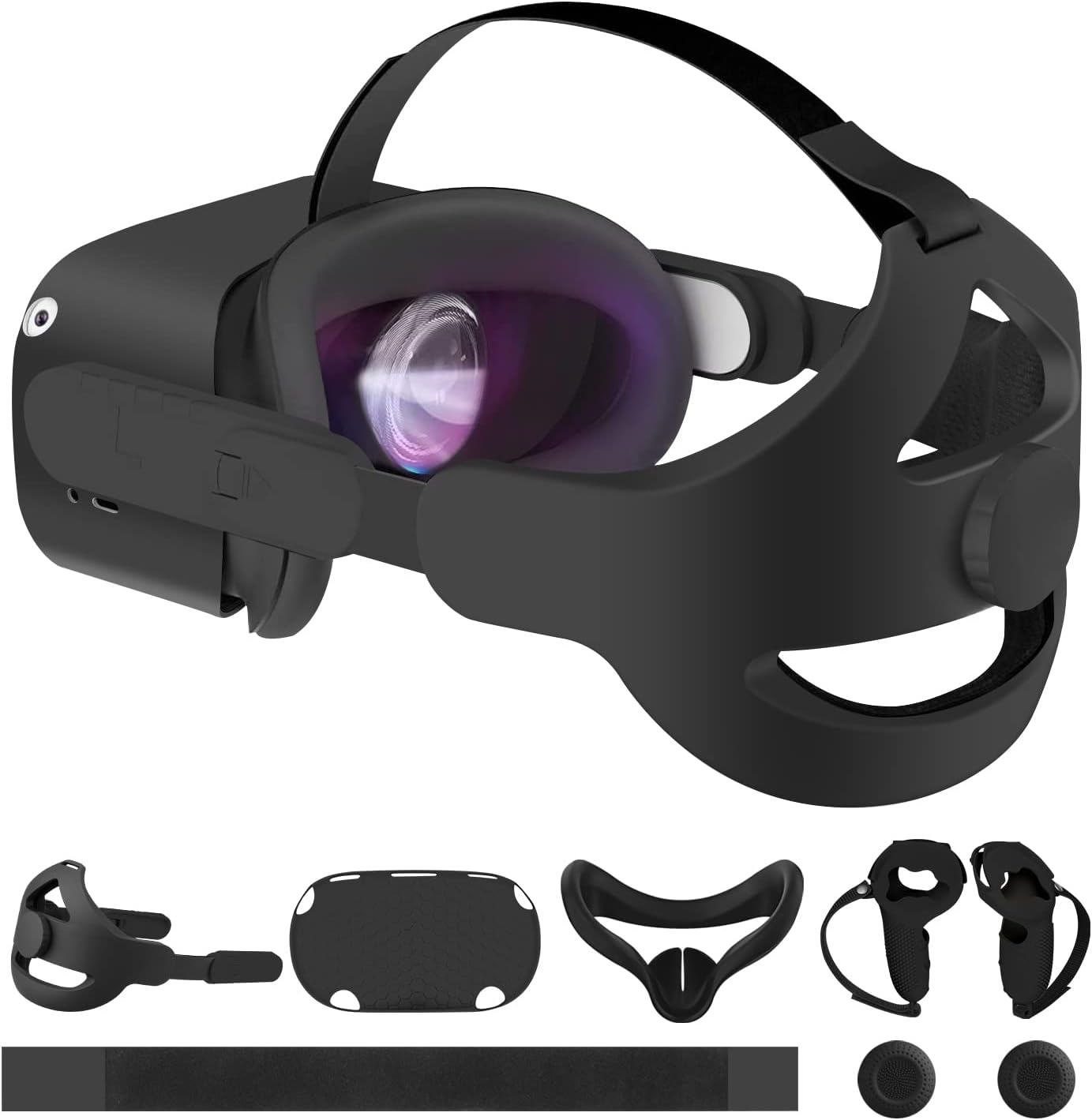 Oculus Quest 2 Accessories MASiKEN 6-in-1 Replacement Head Strap Elite Kit, VR Shell Front,Face Cover,Controllers Cover, Reduce Face Pressure Comfortable Touch, Meta Quest Home Bundle (Black) Pack of 2