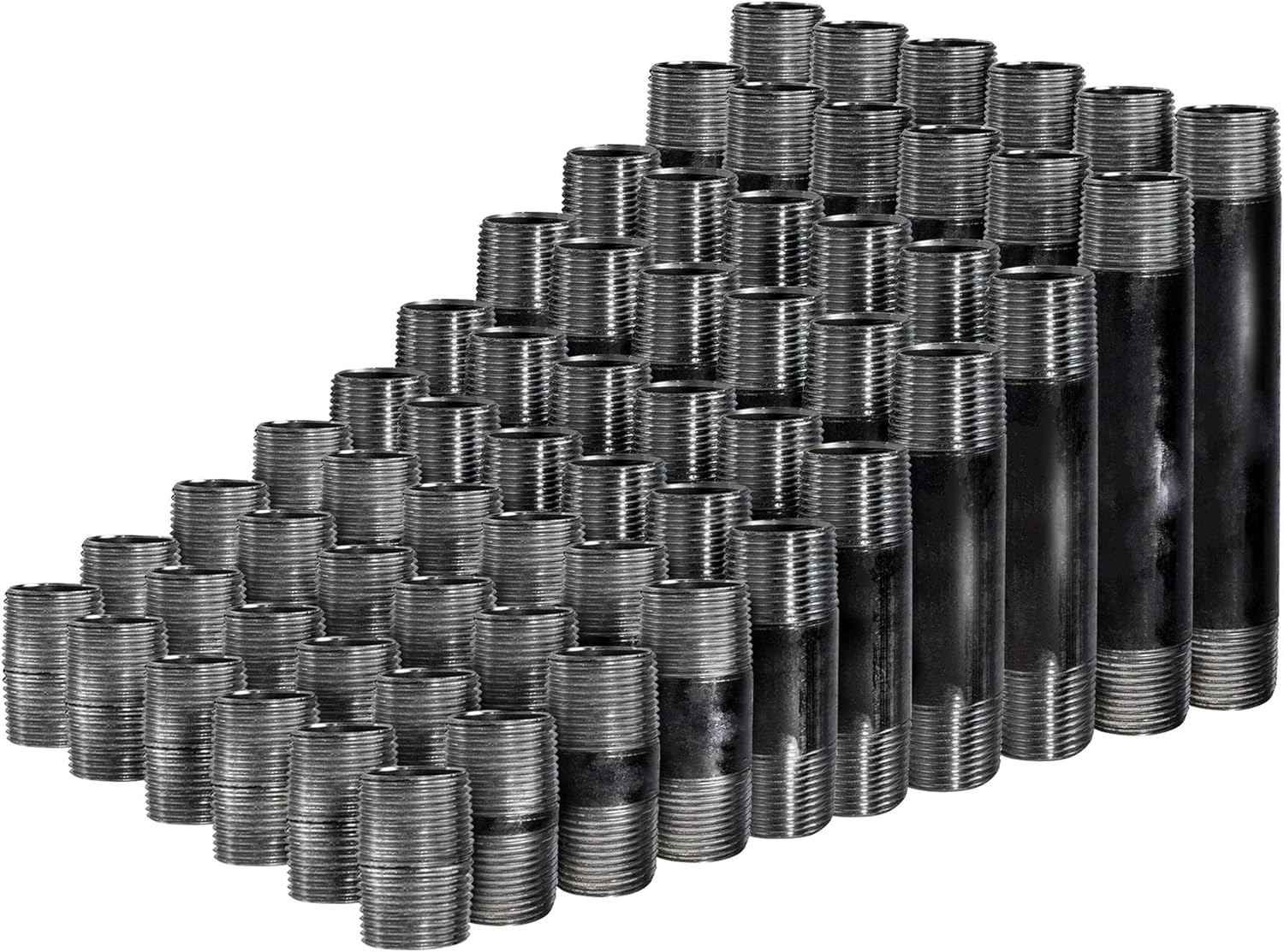 Supply Giant OQCB1200 1/2 Inch Assortment, Malleable Threaded Nipples Steel Pipe Fittings For All Your DIY Vintage Shelving Projects, (Includes 6 Of Each size, 1-6 Inches 66 Pieces in total), Black Pack of 2