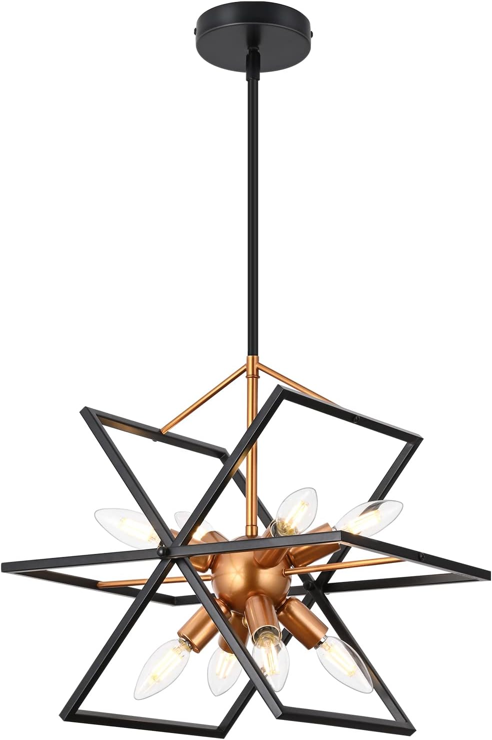 TEMINBU Rustic Small Metal 8 Light Chandeliers,Geometric Lantern Vintage Black and Gold Lighting Fixture, Farmhouse Pendant Light for Dining Room Kitchen Island Entryway Hallway Foyer