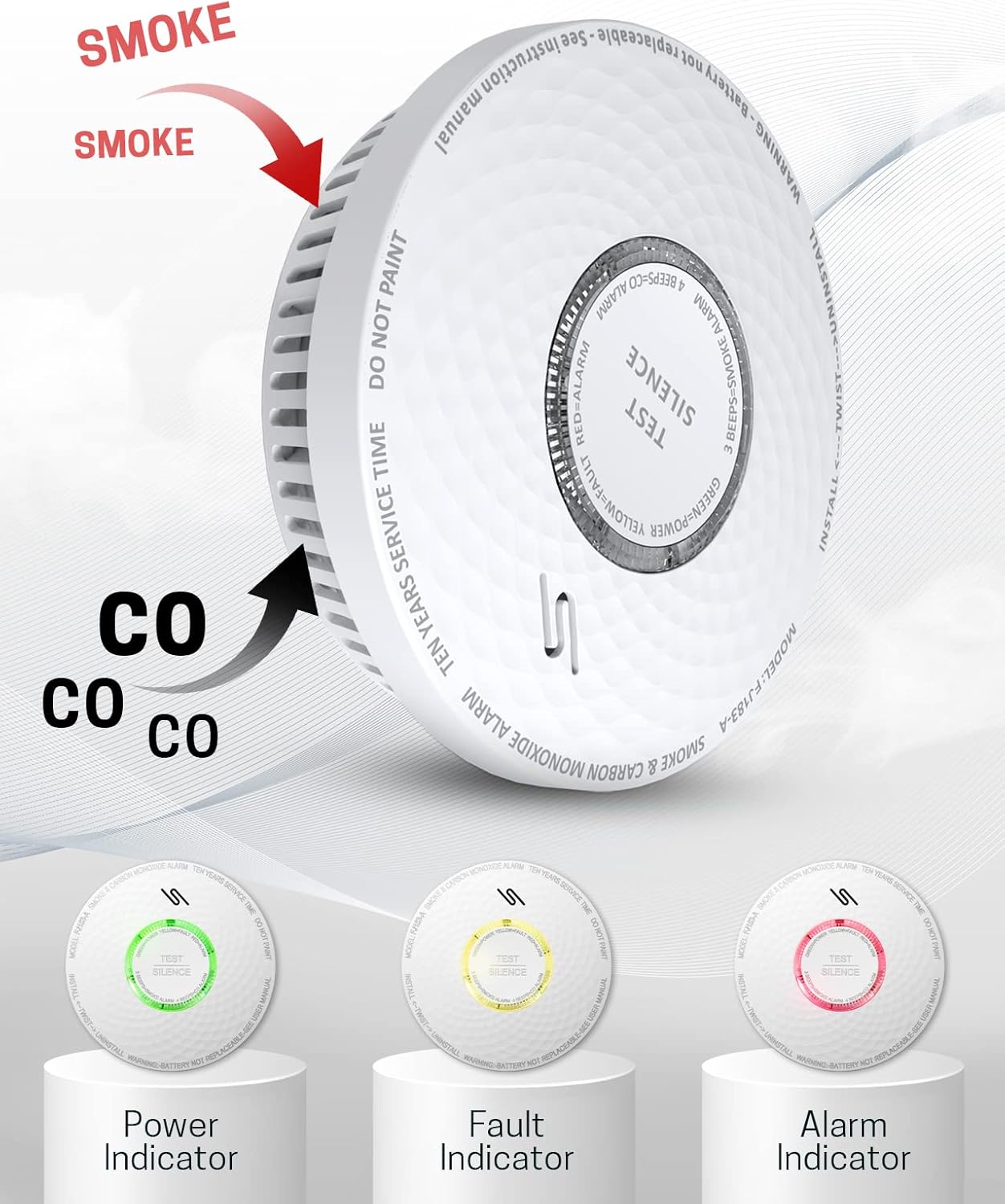 Ecoey Smoke & Carbon Monoxide Detector Alarm, 10 Year Battery Operated Combination Smoke & CO Dual Sensor with Silence Function,FJ183-A,2 Packs Pack of 2