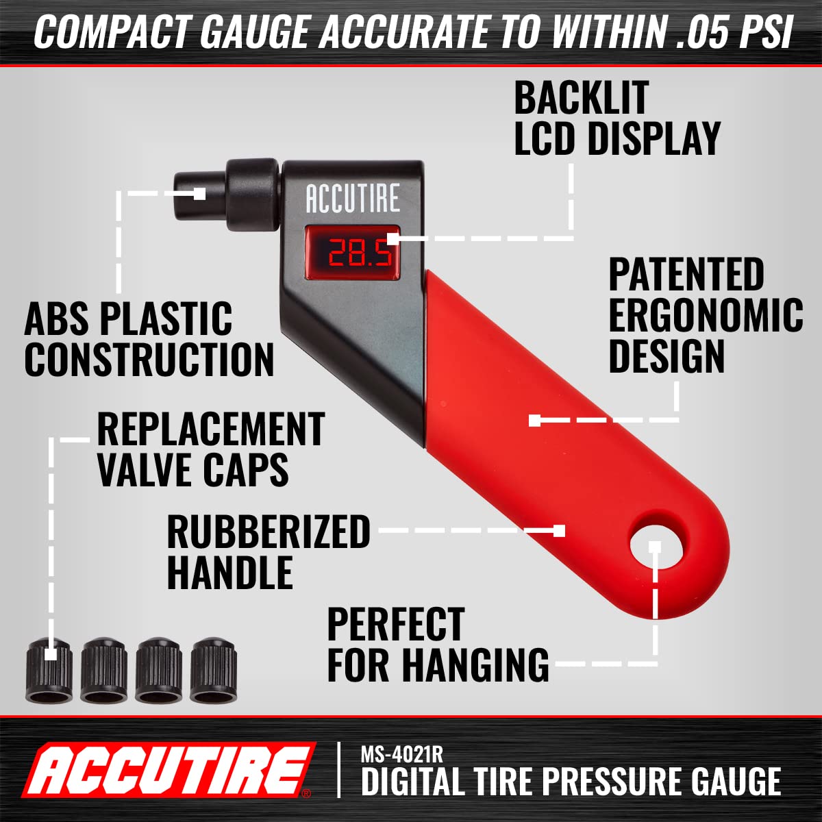 Accutire MS-4021R Digital Tire Pressure Gauge with 4 Valve Caps