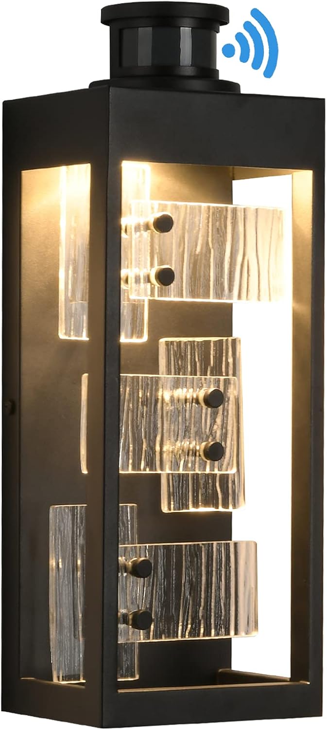 Dusk to Dawn Motion Sensor LED Outdoor Porch Light Fixtures Wall Mount Black Modern Exterior Wall Sconce Lantern Lighting with Metal Insert for Garage Patio Entryway Doorway