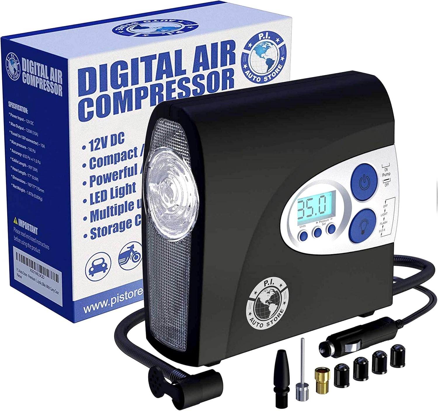 12V Air Compressor, PI Store Tire Inflator, Portable Tire Pump, Digital Air Pump With Pressure Gauge, Auto-Shut Off, LED Light For Car Tires, For Tire, Bicycle, Camping Equipment, and Other Inflatables Pumping Use Pack of 2
