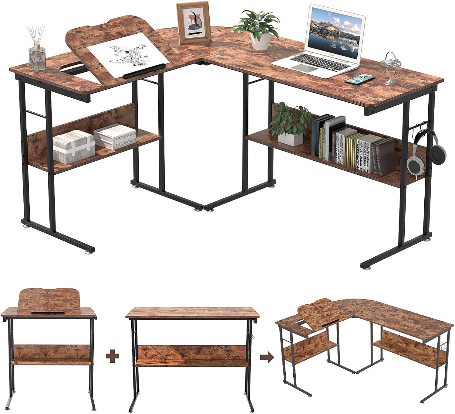 Computer Desk L Shaped Desk 58 inch with Round Corner and Hooks Tiltable Desk for Small Space Brown