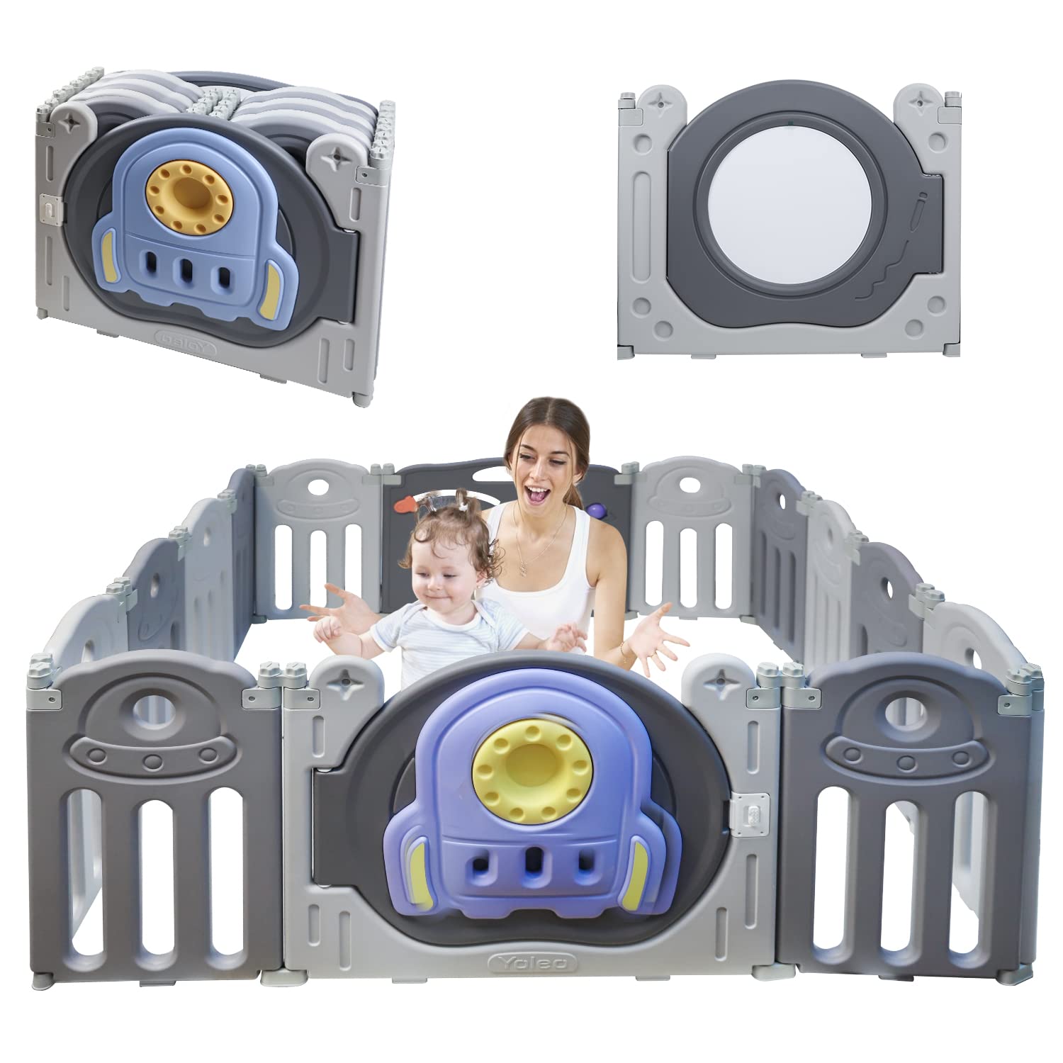 Yoleo Baby Playpen Foldable Play Yards with Drawing Board Portable, Upgraded Anti-Slip Gate & Double Game Wall Fences for Crawling Toddlers Kids Cute Activity Area 14 Panels-Grey