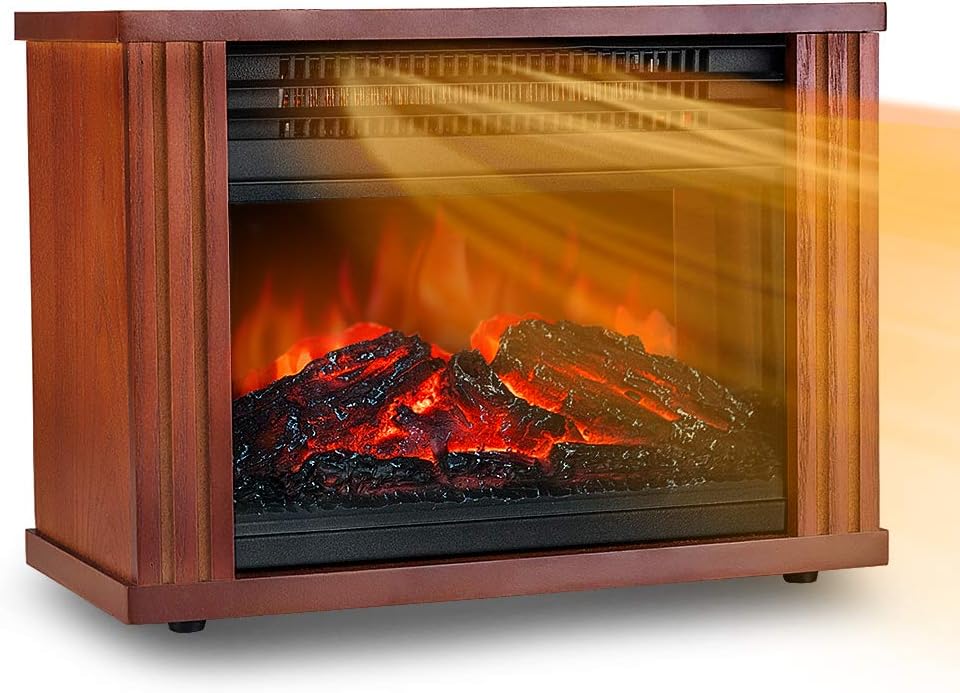 Mini Electric Fireplace Desktop Heater, 3D Realistic Dancing Flame Effect, Overheat Safety Feature, Wood Fram Indoor Space Freestanding Heater for Small Room Basement, 1200W