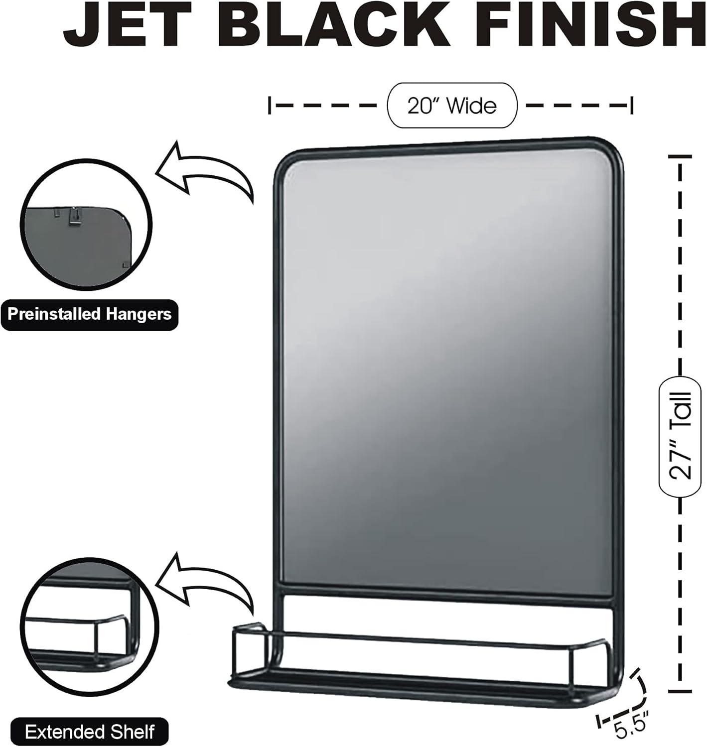 First of a Kind Rectangular Bathroom and Pharmacy Metal Wall Mirror with Shelf in Jet Black, Perfect for a Small Bathroom or Office Space