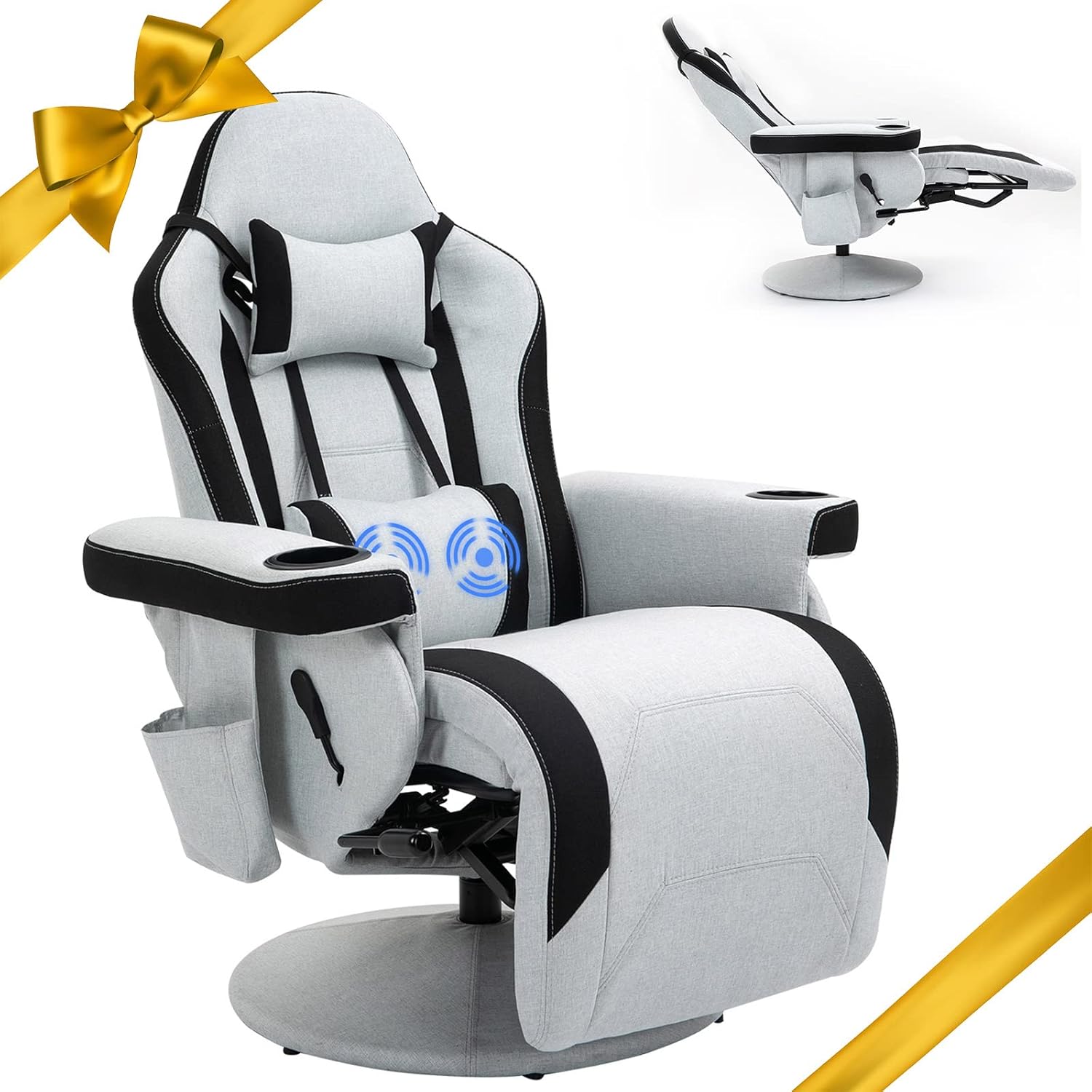 HOMHUM Office Chair Recliner Massage Gaming Reclining Chair for Adults, Fabric Racing Swivel Chair w/Adjustable Backrest and Footrest, Comfortable Ergonomic High Back Computer Chair, Grey