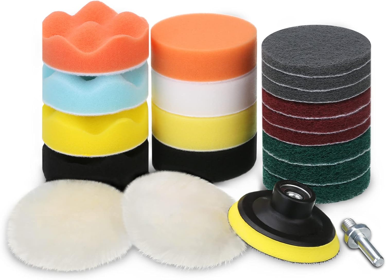MATCEE Polishing Pads for Drill Wool Buffing Pads Scouring Pads Kits with Drill Adapter Backing Pad Paint Scratch Repair Polishers Kits for Car Polishing Sanding Glazing Waxing 3 Inch (21 Pieces)