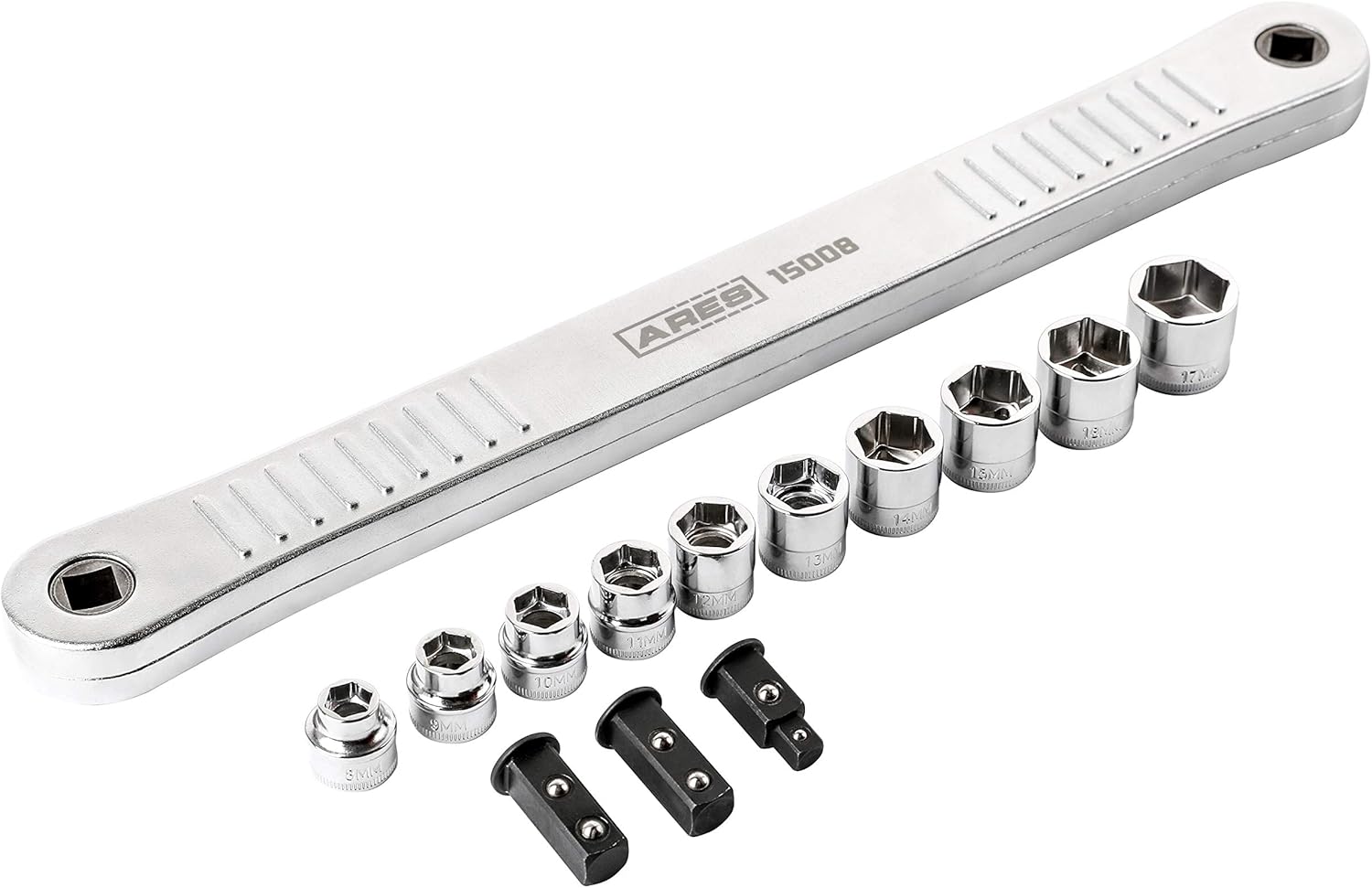 ARES 15008 - Impact Ready Offset Extension Wrench & Low Profile Socket Set - Includes 1/4-Inch & 3/8-Inch Square Drive Adapters & 8mm to 17mm Sockets - 0 Degree Swing Arc for Confined Fasteners