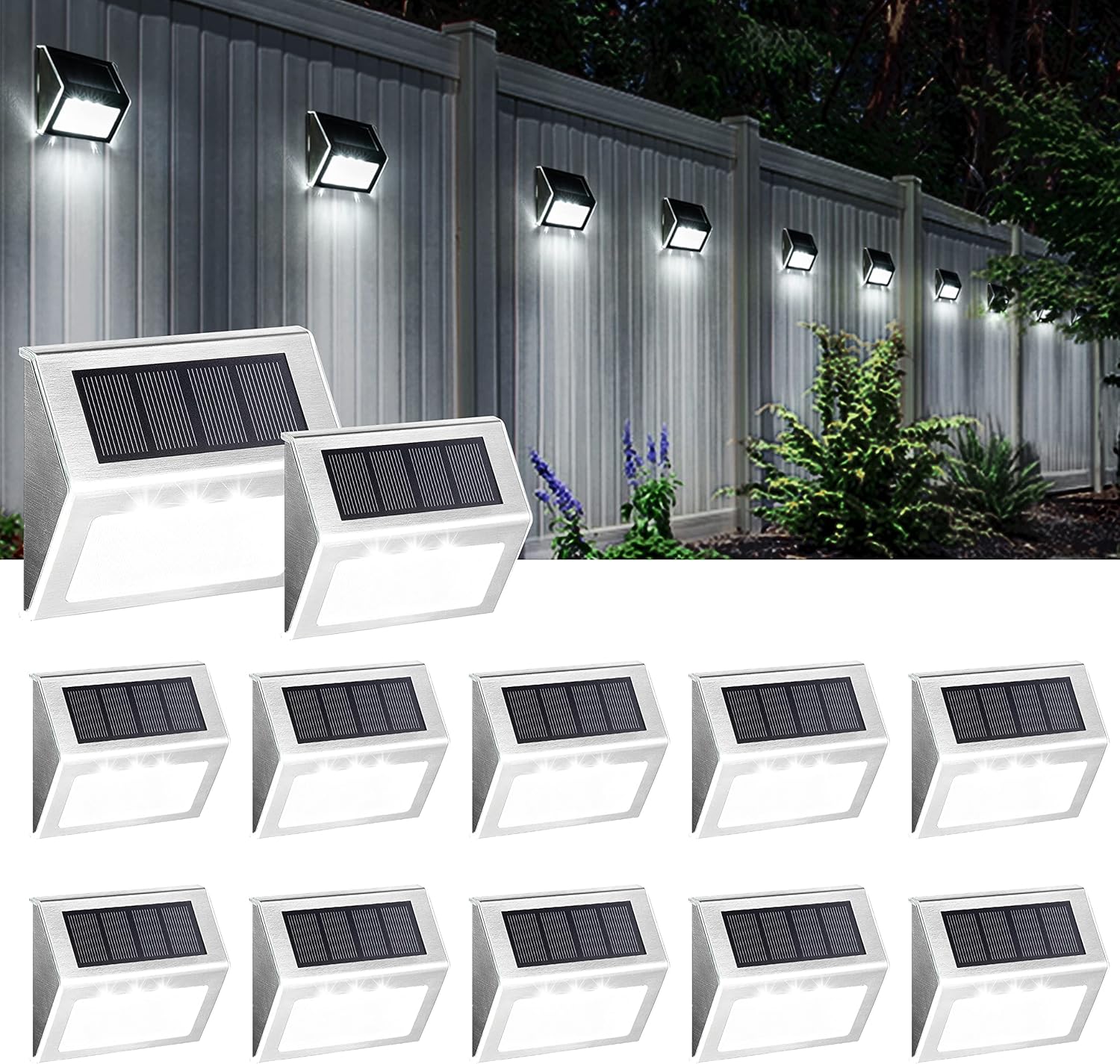 Solpex 12 Pack Solar Step Lights,3 LED Solar Stair Lights,Outdoor Fence Lighting Stainless Steel Waterproof Solar Deck Lights for Stairway/Patio/Porch/Pathway/Walkway/Garden-(Cold White)
