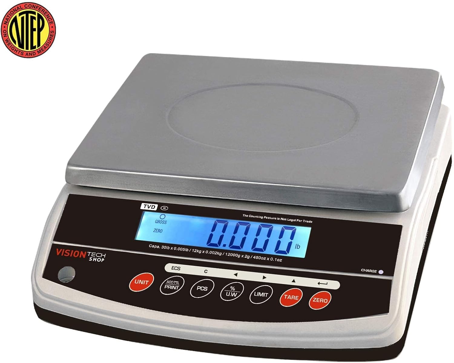 VisionTechShop TVD-30 Digital Bench and Counter Scale, Lb/Oz/Kg/g Switchable, 30lb Capacity, 0.005lb Readability, Counting and Percentage Mode, Single Display, NTEP Legal for Trade, CC# : 20-032